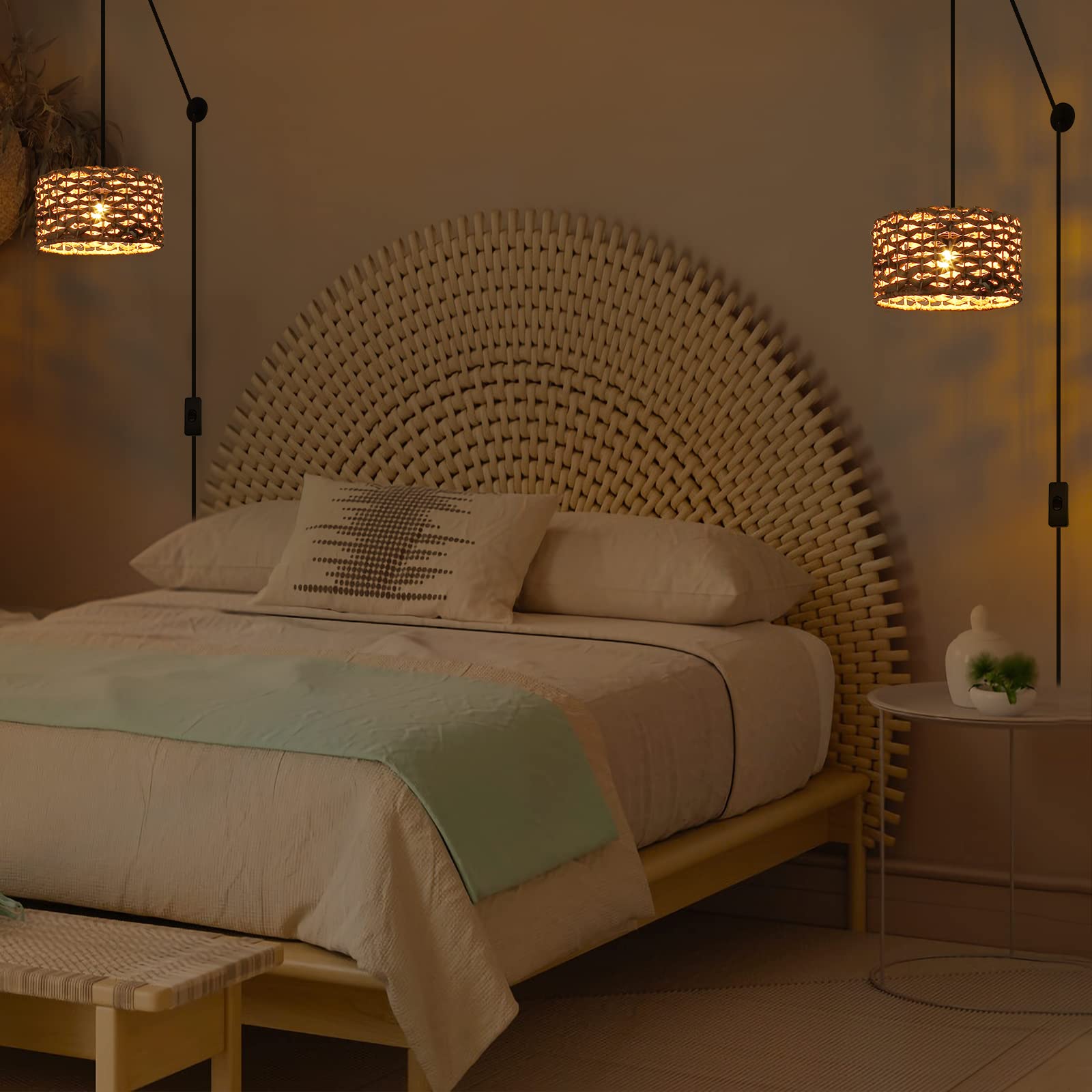 Cosylux Farmhouse Plug In Pendant Light Fixture, Rustic Ceiling Light Hanging Lamp With Plug In Cord Adjustable, Woven Rattan Wicker Water Lettuce Lamp Shade