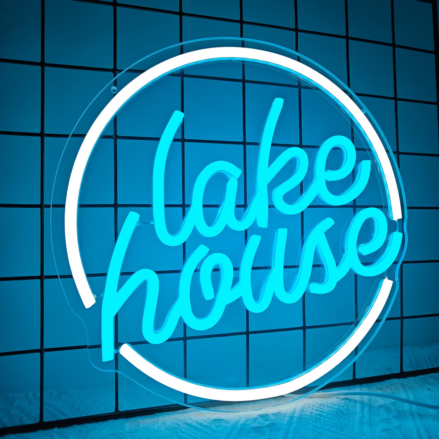 Ajoyferris Lake House Neon Sign, Dimmable LED Light, Acrylic, 1.1x2 inches, White/Ice Blue, Model: LakeHouse