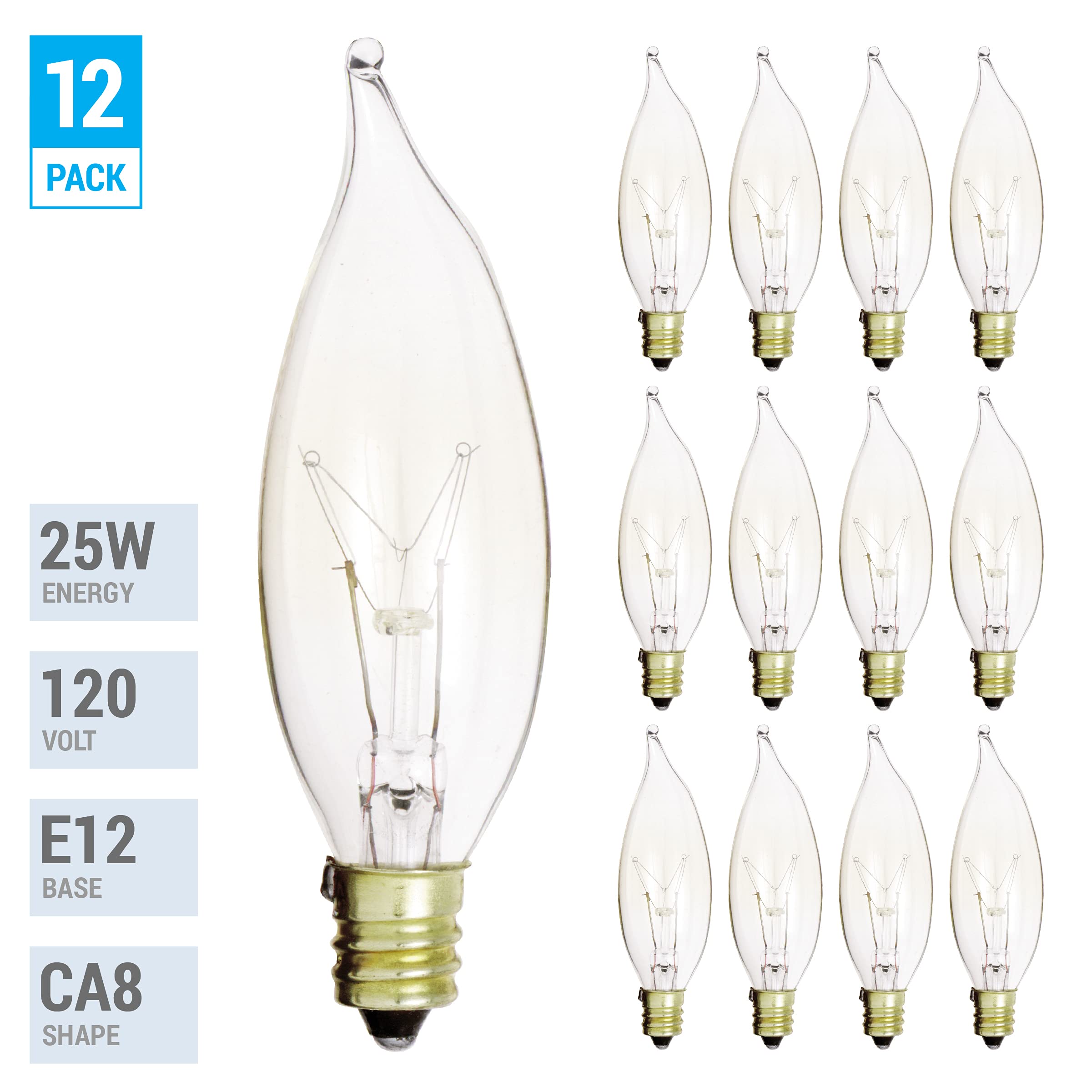 Kor (Pack Of 12) 25-Watt Clear Candelabra Base (E12) Flame Tip 120V Decorative Dimmable 25W Chandelier Lights Bulbs