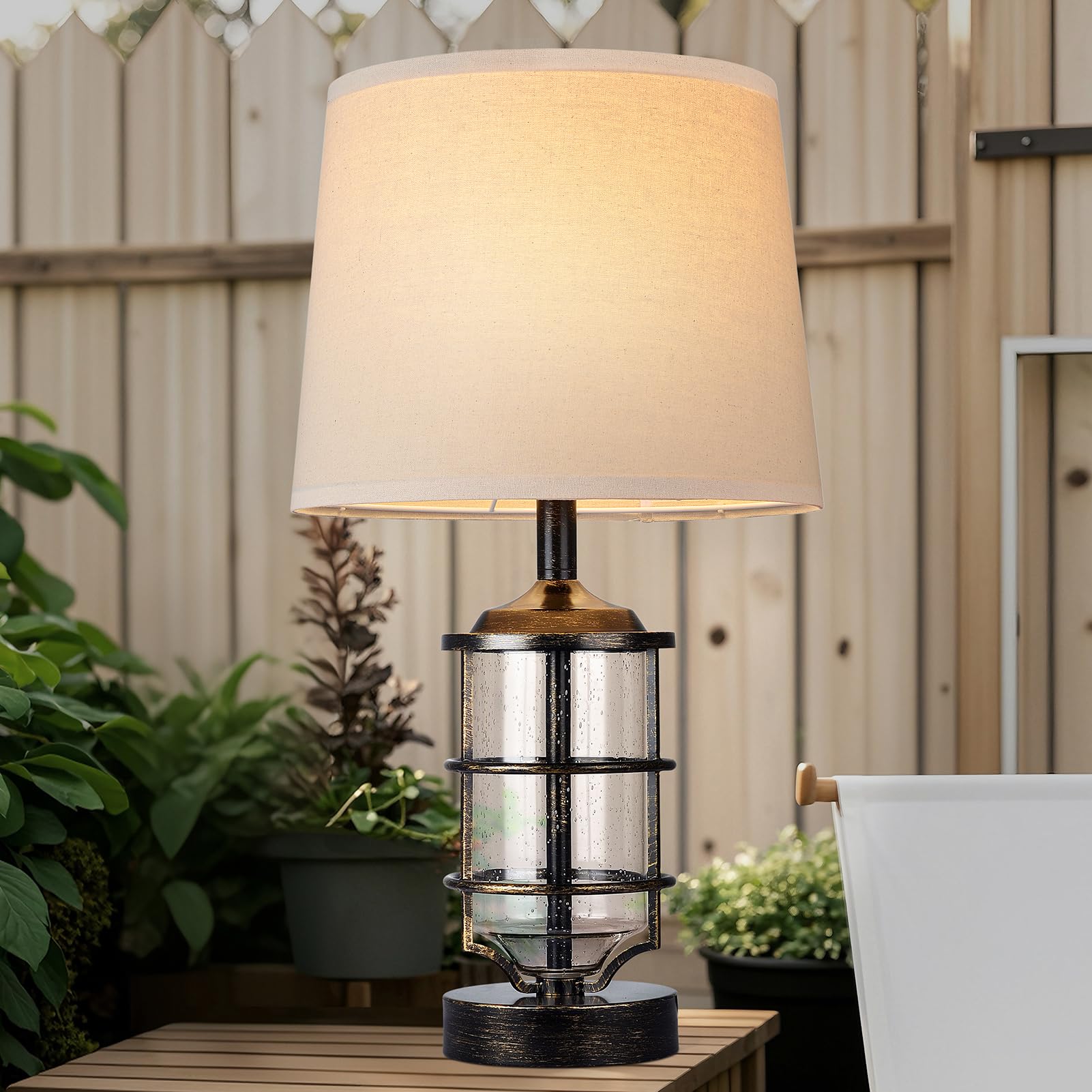 Outdoor Table Lamp, Farmhouse Lamp for Patio Table Decor with Cord, Rustic Table Light with Seeded Glass, 23.5  Plug-in Outdoor