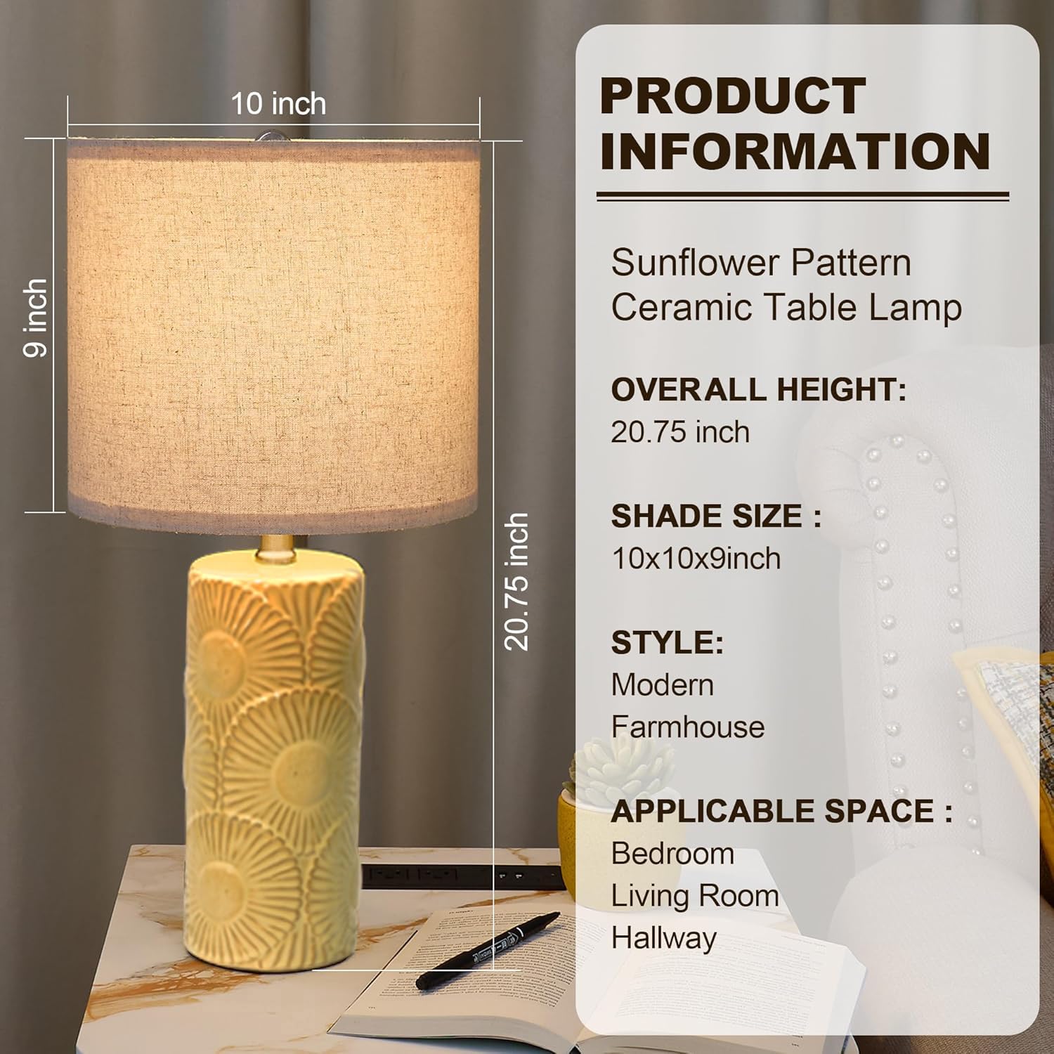 Dggdome 20.75'' Ceramic Table Lamps For Living Room Set Of 2, Yellow Flower Lamps For Bedroom Set Of 2, Ceramic Bedside Lamp For