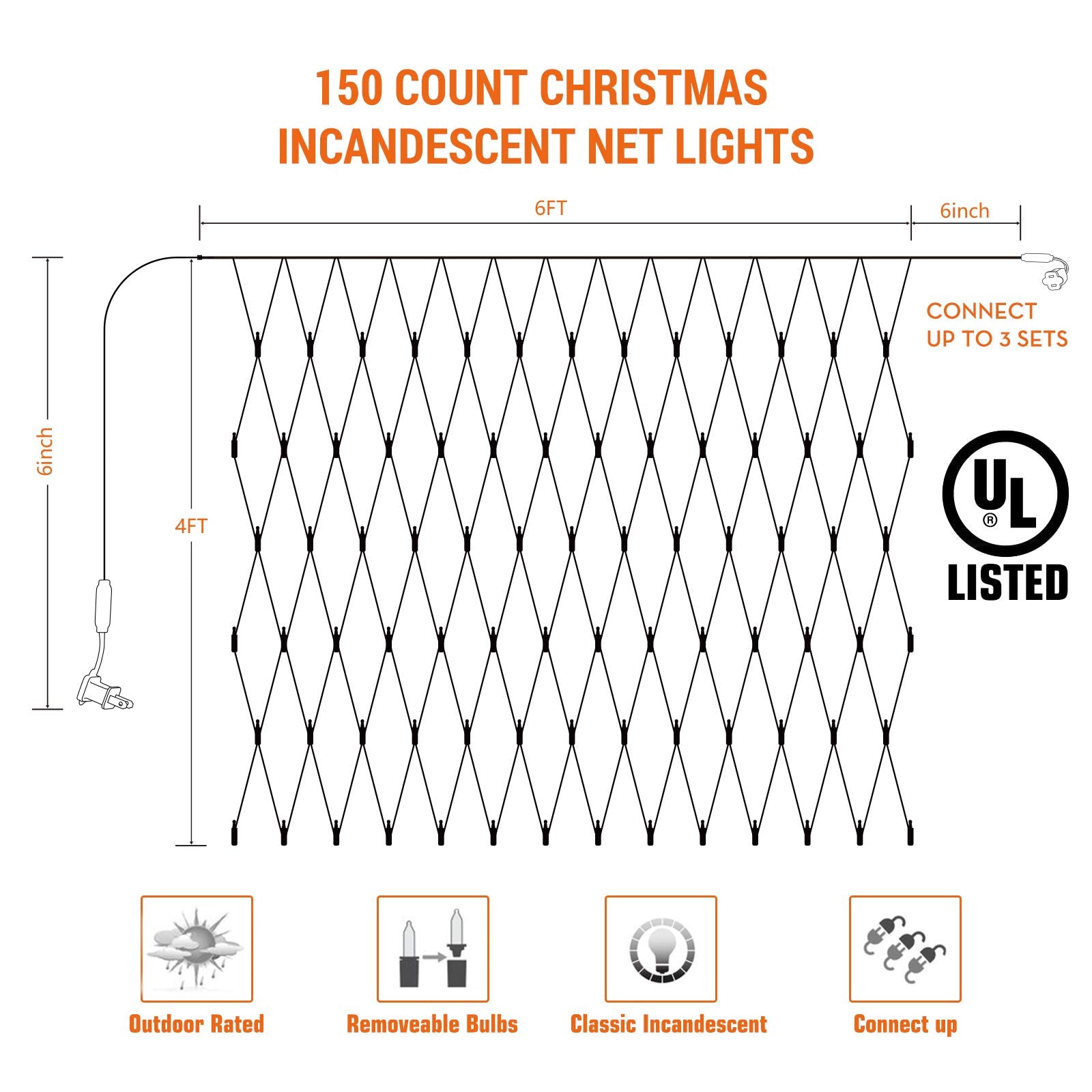 Lomotech Christmas Net Lights, 6Ft X 4Ft 150 Count Incandescent Mesh Lights, Connectable Ul Certified Waterproof Bushes Lights F