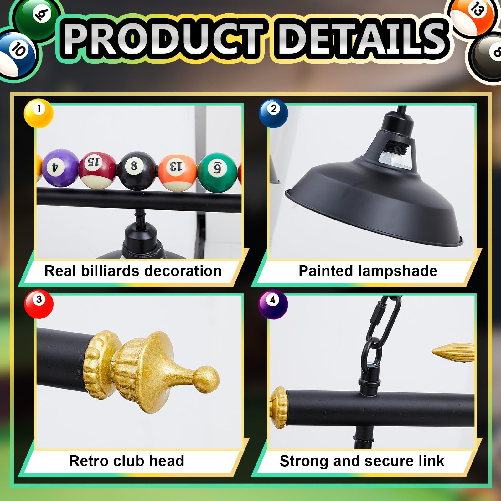 Rossesay Adjustable Pool Table Lights For 7'-8' Table Billiard Light Hanging Pool Table Light Fixture Lighting Pendant Lamp With