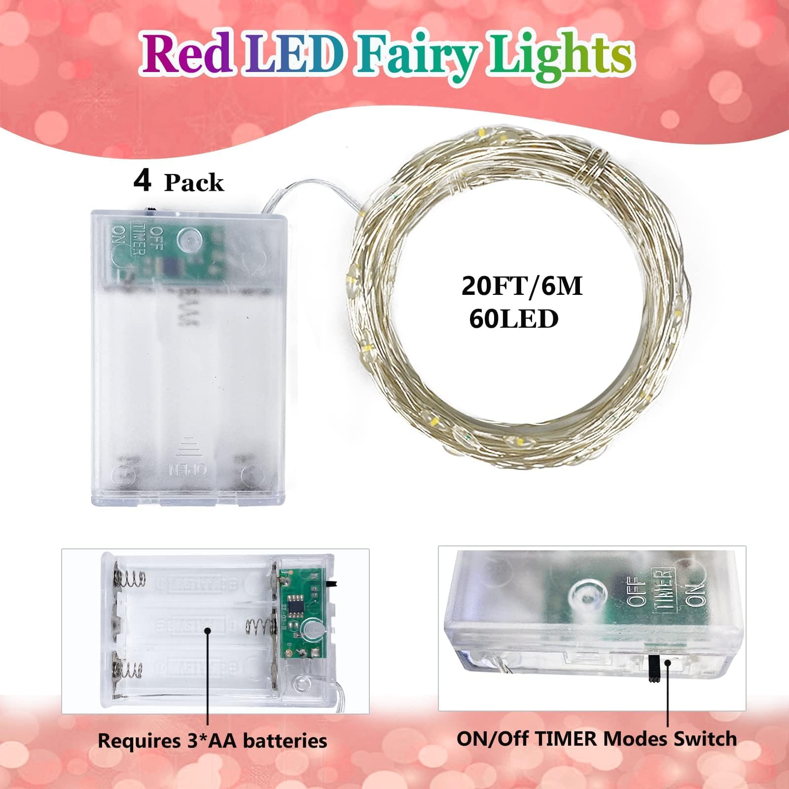 Red And Green Christmas String Lights,4 Pack Fairy Lights Battery Operated With Timer Christmas Lights For Outdoor/Indoor Waterp