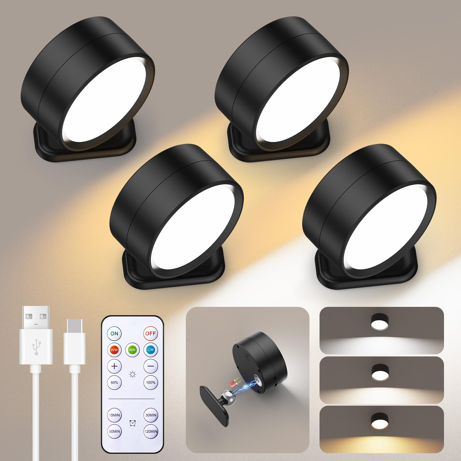 Brightown Led Magnetic Wall Sconce Lights, 4 Pack Usb Rechargeable Wall Mounted Lights With Remote, 3 Lighting Colors And Dimmab