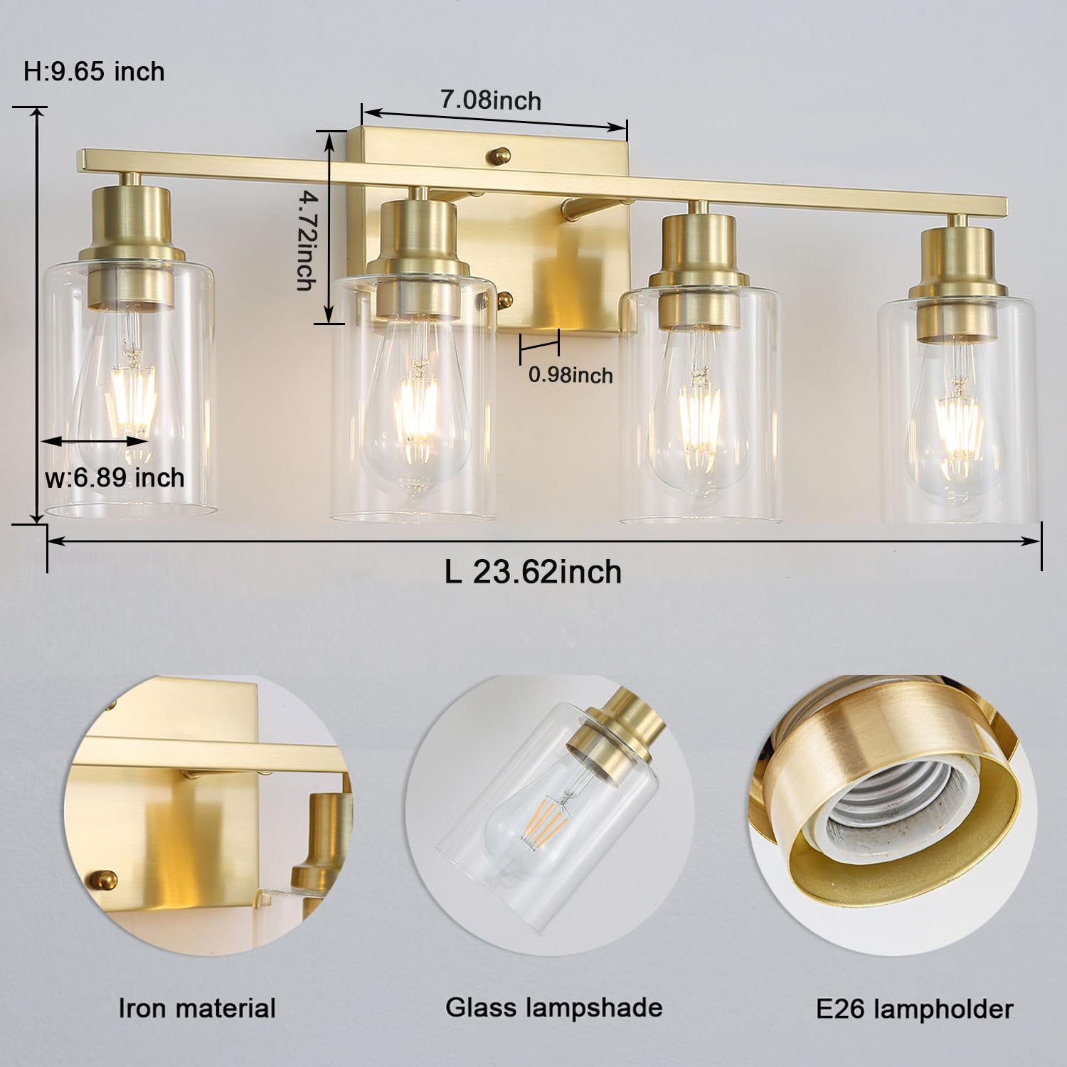 Filimitiy 4-Lights Gold Bathroom Light Fixture, Brushed Brass Vanity Light With Clear Glass Shade, Modern Bath Wall Lights For L