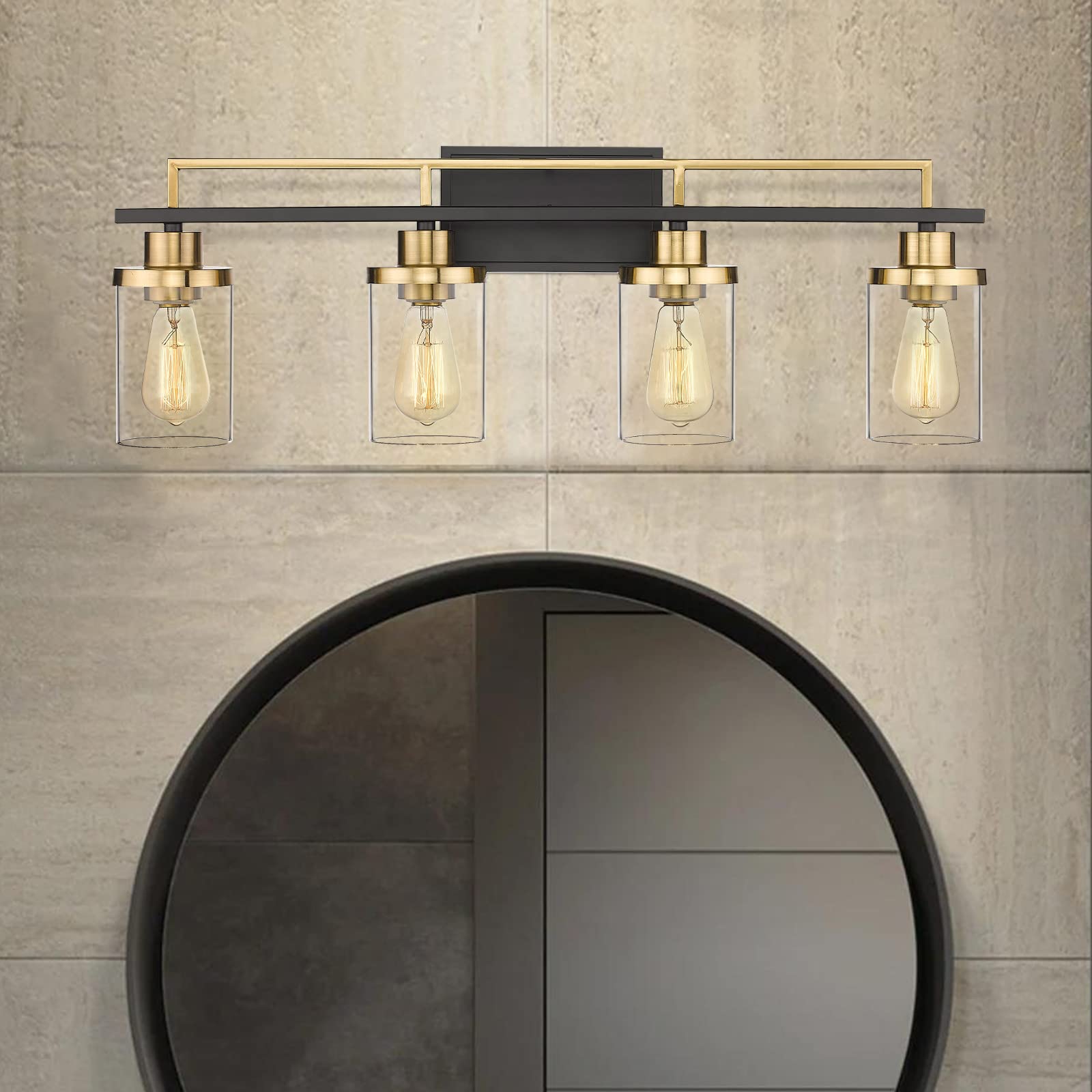 Emliviar 4-Light Bathroom Vanity Light - Black & Gold Metal Finish with Clear Glass, Model YCE238B-4W BK+BG
