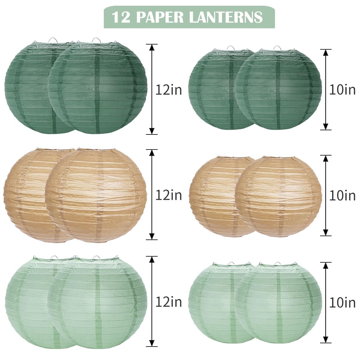YUNXUAN Paper Lanterns, 12 LED Lights, Sage Green, Round, Model YX1034, Decorative Hanging Lanterns for Parties