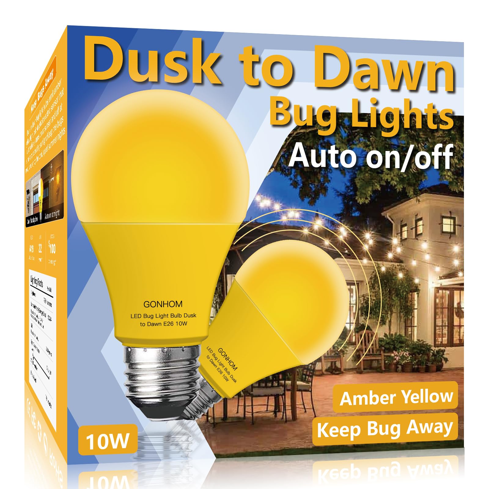 Gonhom Dusk To Dawn Bug Light Bulb Outdoor,2 Pack Amber Bug Light Bulb,Auto On/Off,10W(100W Equivalent),E26 Base,Bug Lights For 