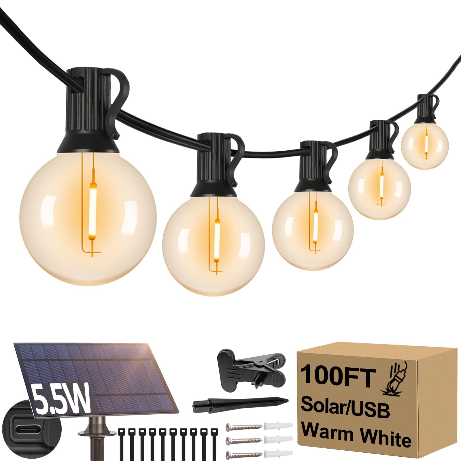 Lakumu 100FT G40 Solar String Lights, 52 E12 LED Bulbs, Black-2700K, Waterproof, Shatterproof, Model GLS20C3CCTW-G40
