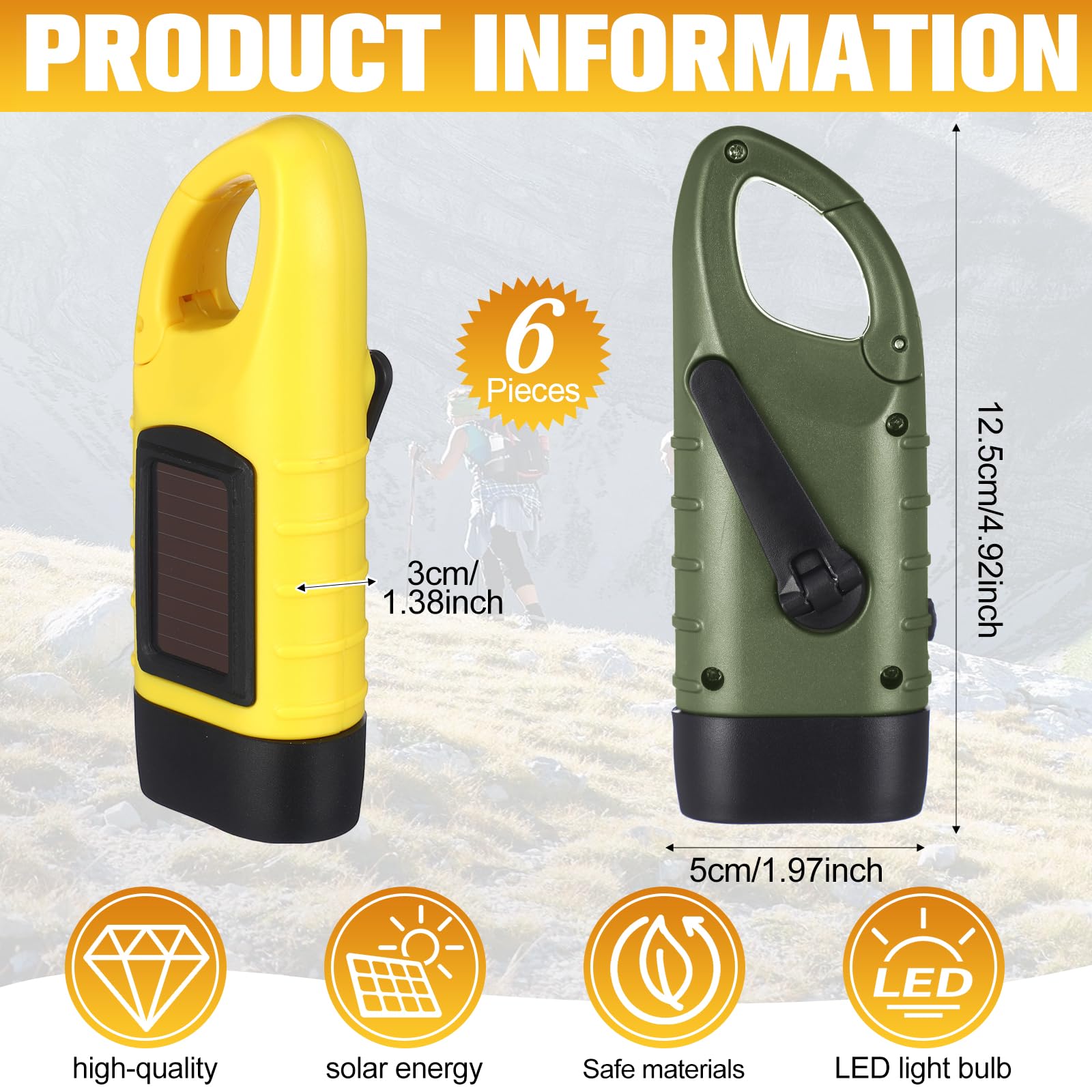 Mudder Hand Crank Solar Flashlights - 6 Pcs LED Emergency Lights for Camping, Hiking - Green & Yellow - Model CL-Mudder-4656
