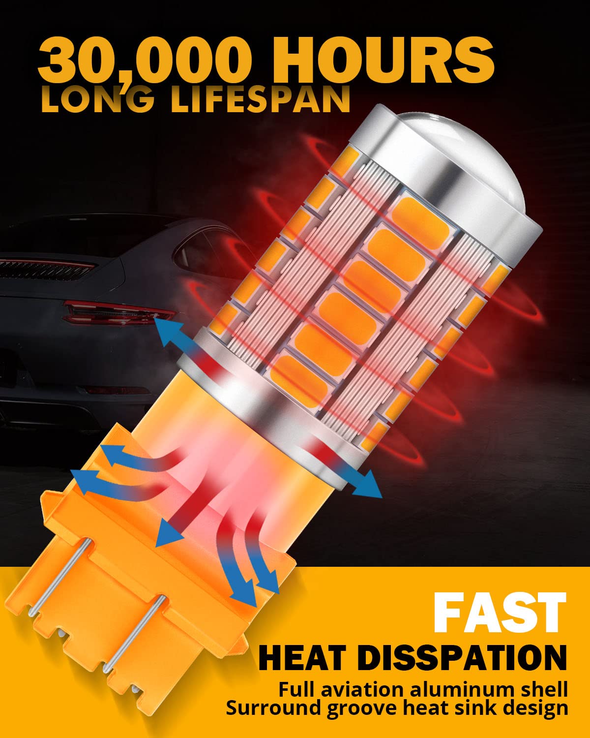 Auxbeam 3157 LED Turn Signal Light Bulbs, Super Bright Amber, Aluminum, Pack of 2