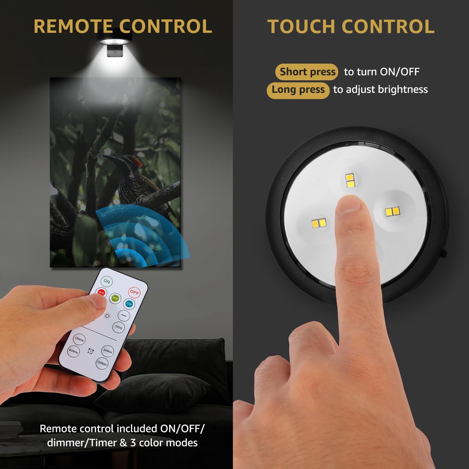 Mioblue 3Pack Rechargeable Battery Pictureainting Light With Remote Control Dimmable And Timer, Magnetic Art Display Puck Light