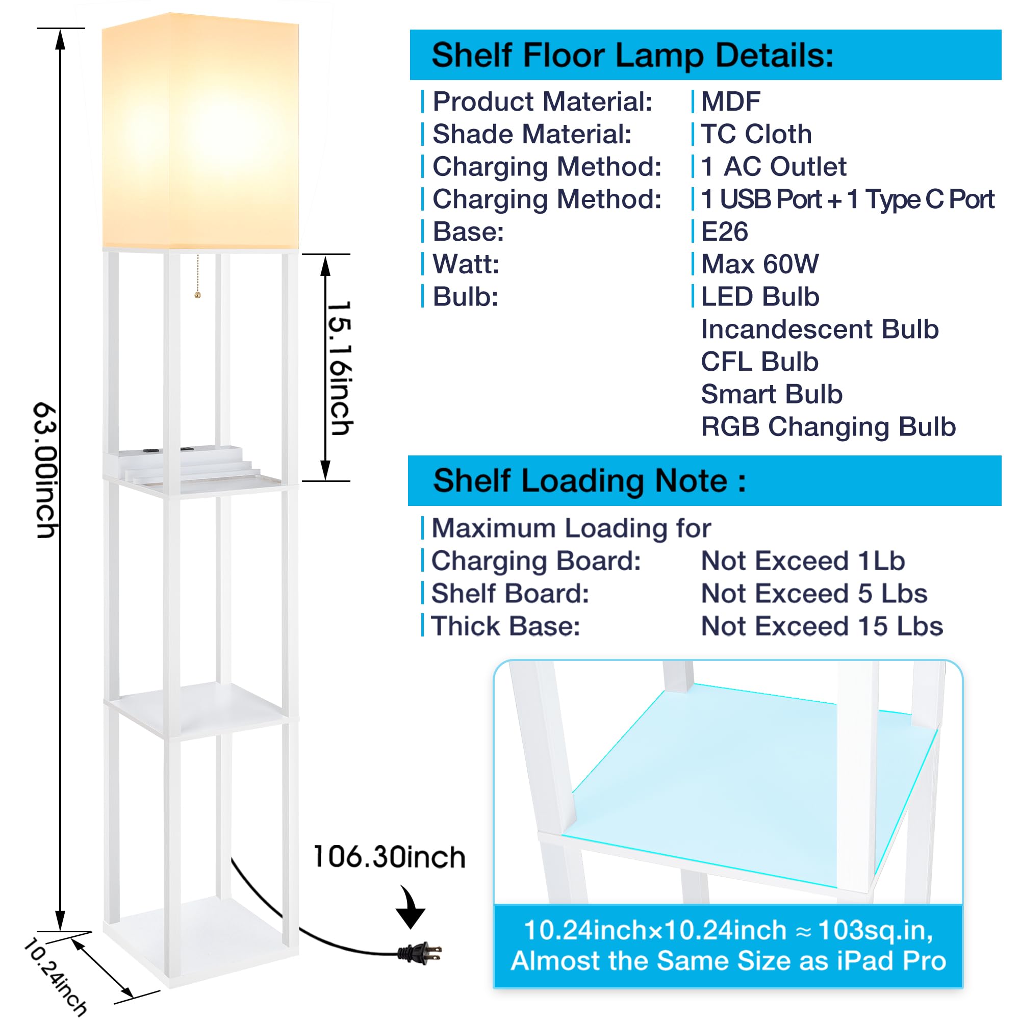 Shine Hai Shelf Lamp, Modern Standing Lights With 1 Usb Port And 1 Type C Port And 1 Power Outlet, 3-Tiered Display Floor Lamps