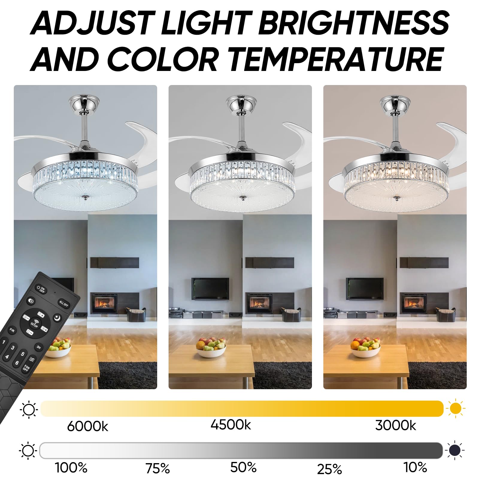 Bavnnro 42'' Crystal Ceiling Fan with Lights & Bluetooth Speaker, Silver, Model HYGXHG060G, Dimmable & Retractable for Living Room/Bedroom