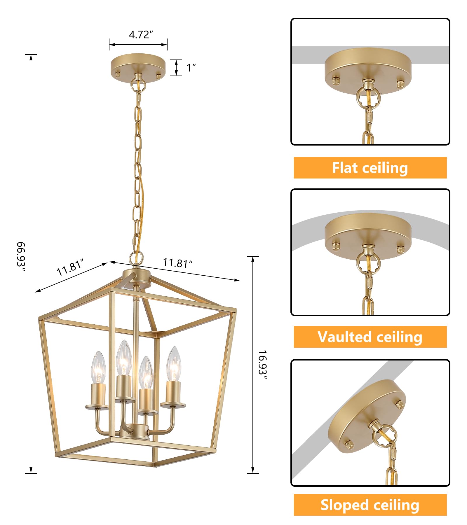 Industrial 4 Lights Chandelier, Gold Lantern Ceiling Light Fixtures With Rustic Metal Cage Adjustable Height Farmhouse Geometric