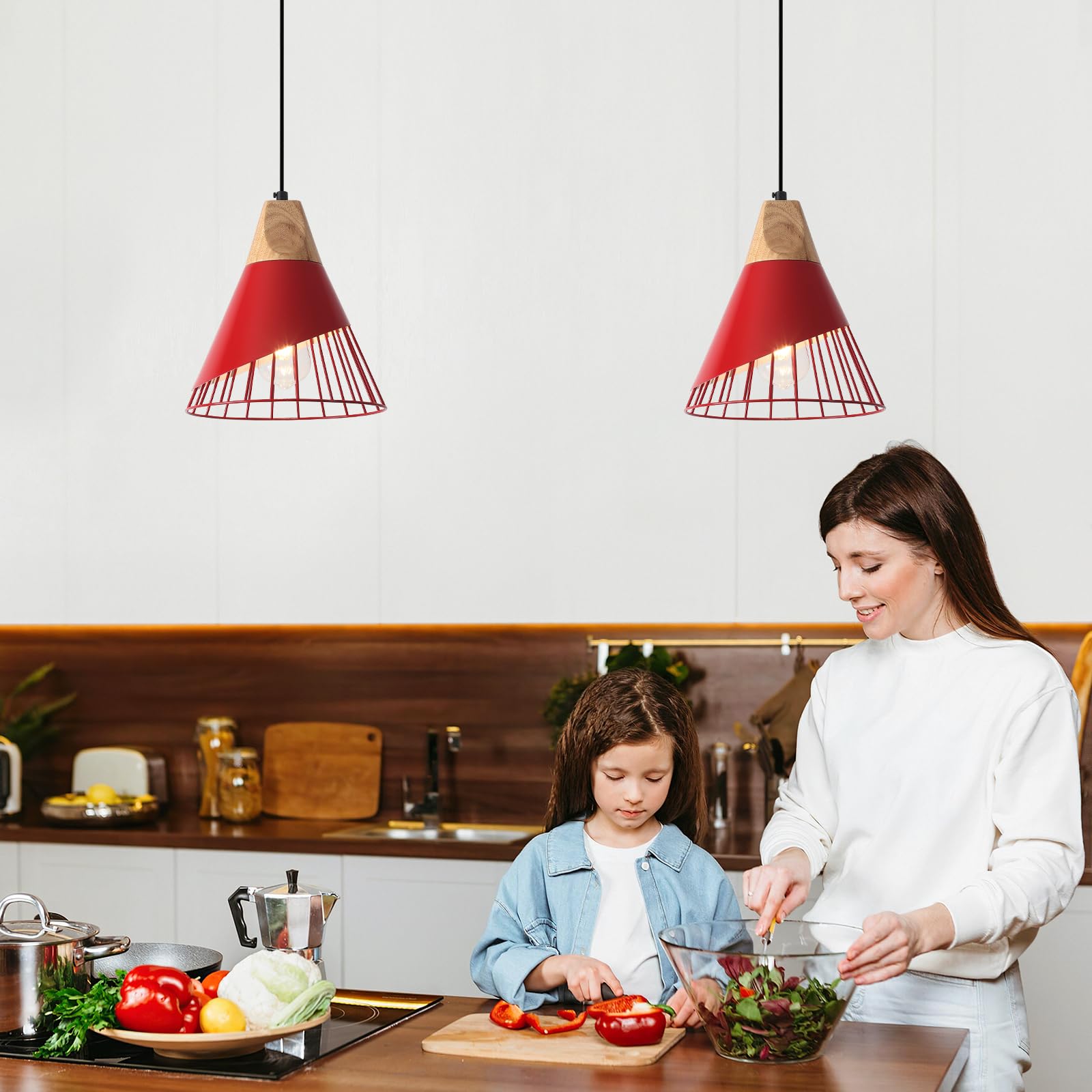 Sesiment Farmhouse Pendant Light 9.4Ines, 2 Packs- Red Industrial Kitchen Pendant Lights For Kitchen Island, Bar, Bedroom, Offic