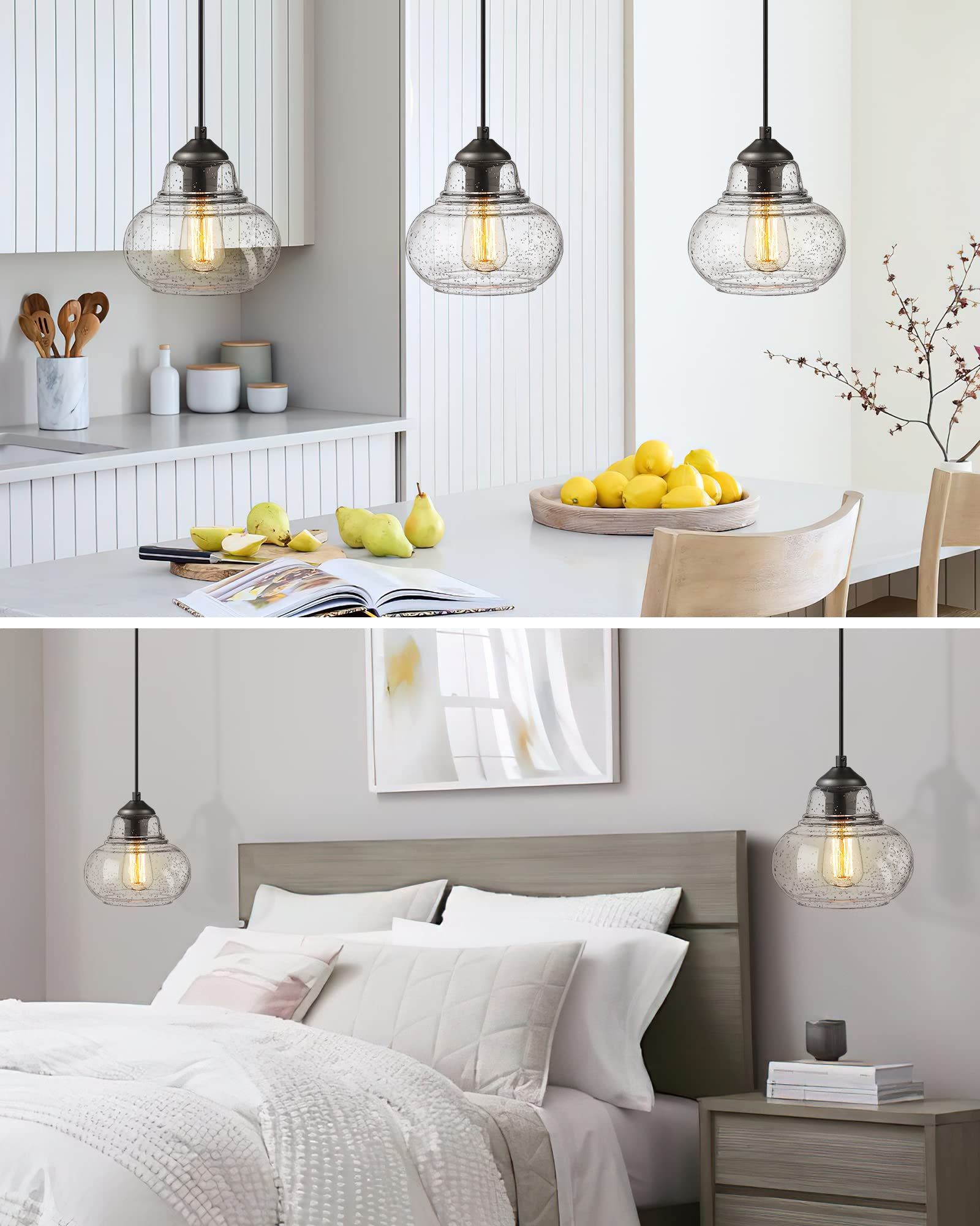 Elyona 8 Inch Black Globe Pendant Light - Hand Blown Bubble Glass For Kitchen & Dining Room