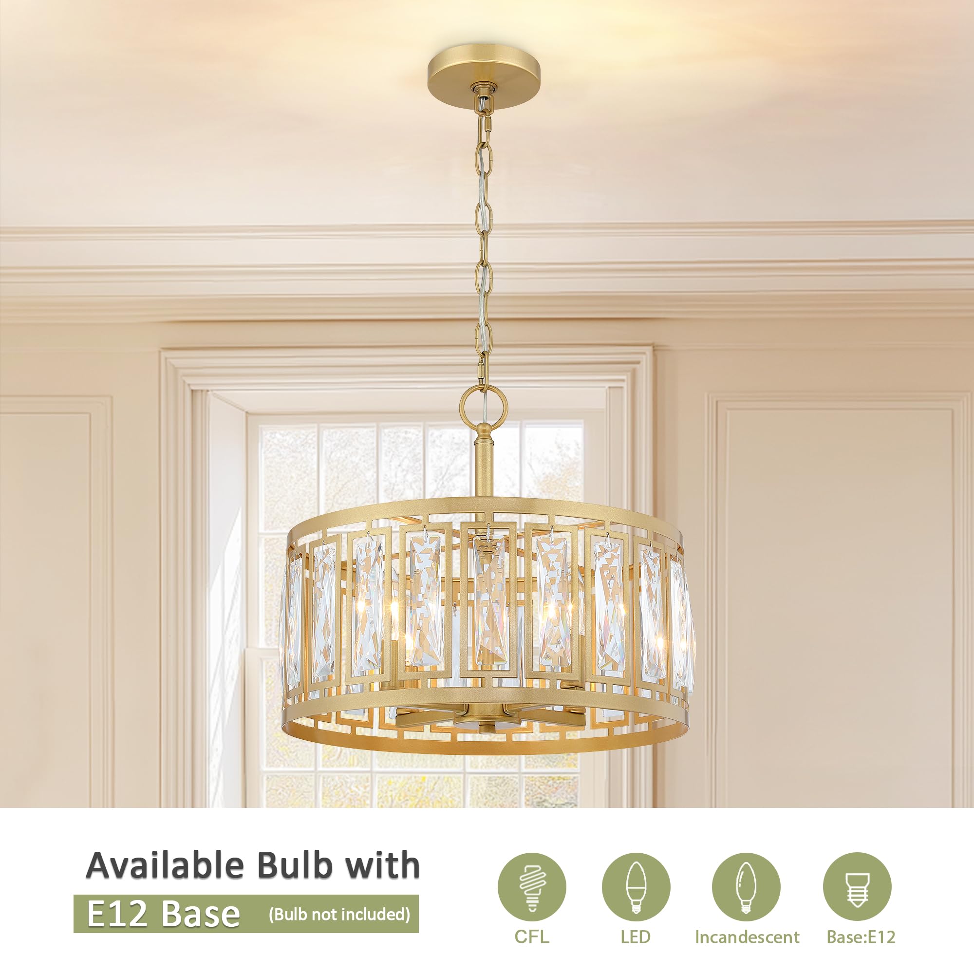 Gold Crystal Chandeliers, 4-Light Modern Pendant Lighting For Dining Room Hanging Ceiling Light Fixtures Over Table, Modern Crys