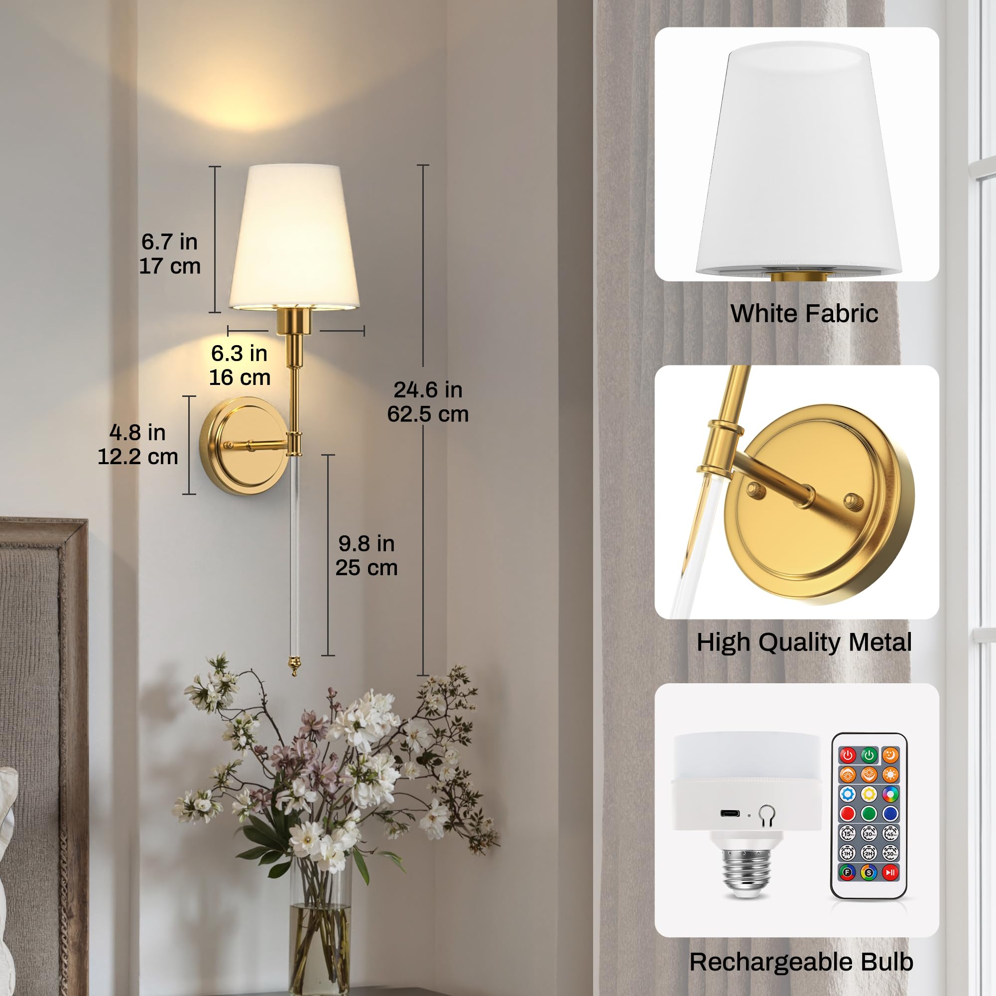 DORESshop Battery Operated Wall Sconce Set of 2, Dimmable, 24.6in, Gold and Glass