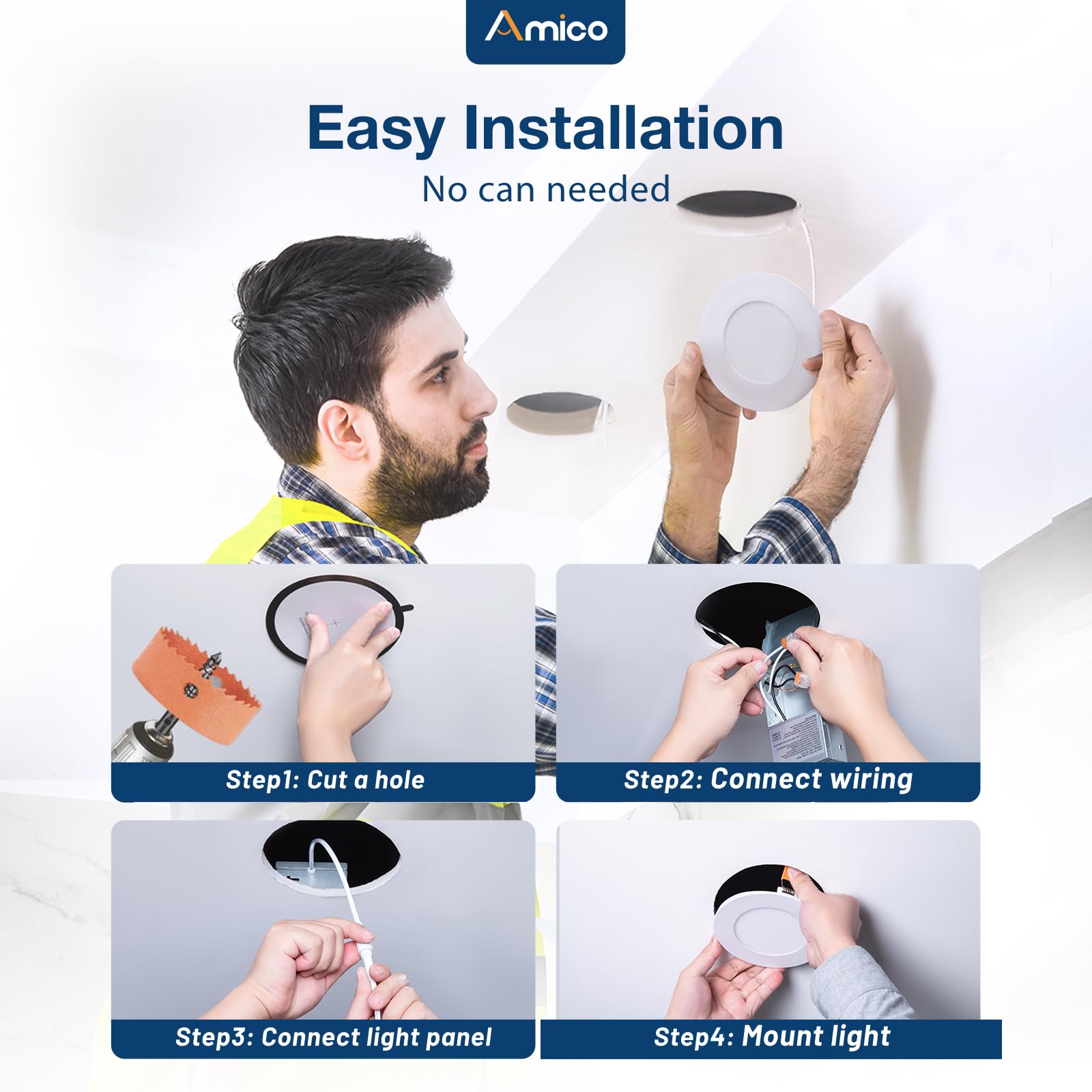 Amico 24 Pack 3 Inch 5CCT Ultra-Thin LED Recessed Ceiling Light with Junction Box, 2700K/3000K/3500K/4000K/5000K Selectable, 7W