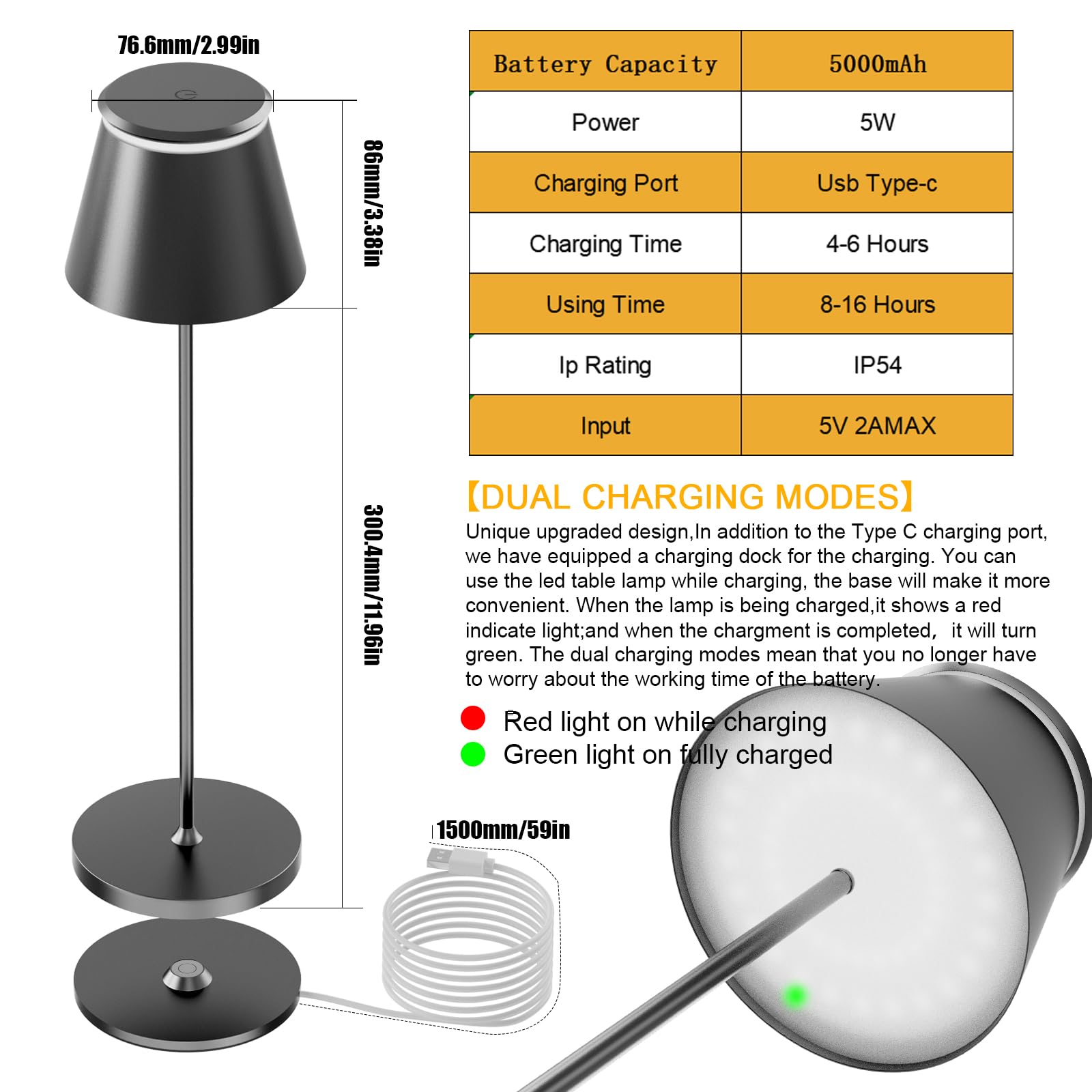 Yupola Cordless Table Lamp, Rechargeable 5000mAh, Waterproof Touch Dimmable Light, 1pcs, Black, Model GJTD-P-SB5