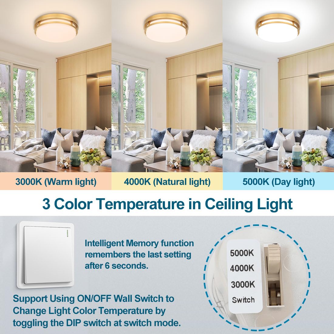 Xbuyee 20W LED Flush Mount Ceiling Light Fixture, Color Selectable 3000/4000/5000K, Dimmable, 13", Gold, Alloy Steel, Model da