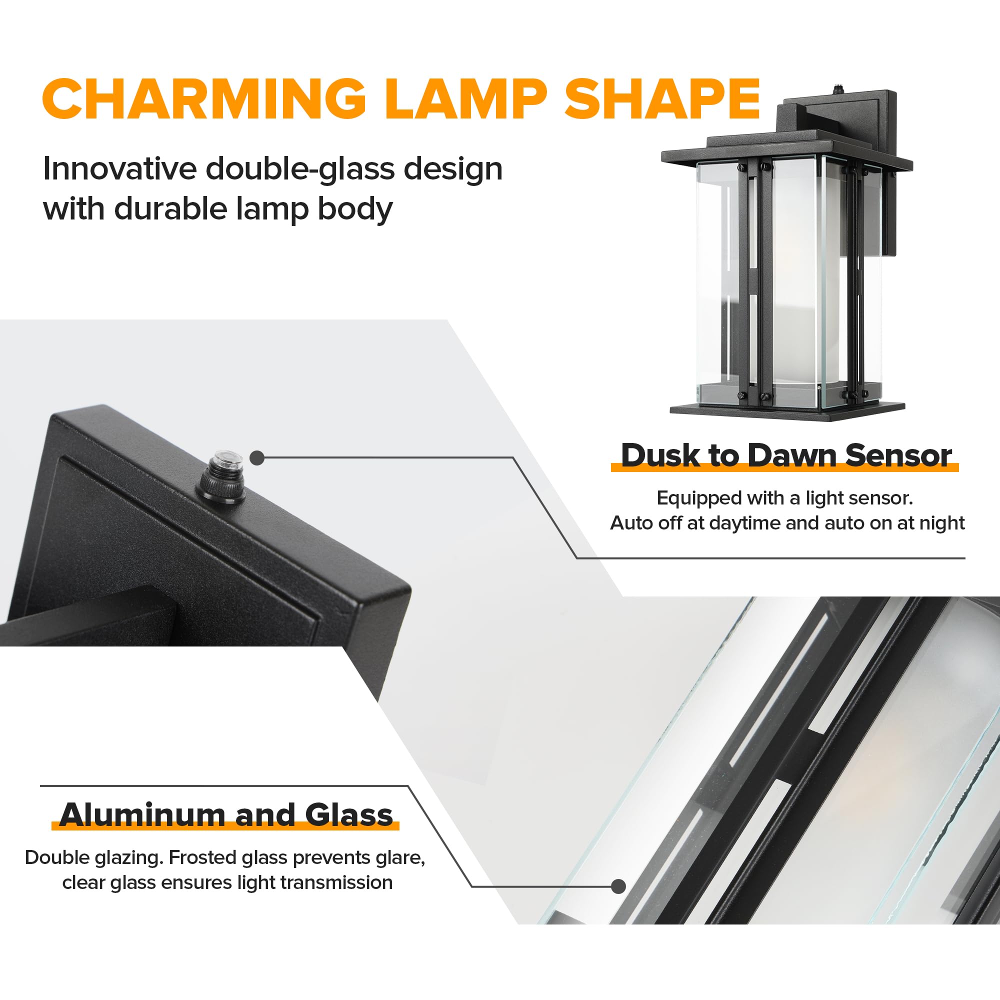 LUTEC 13" Dusk to Dawn Outdoor Wall Sconce, Black Aluminum, Waterproof Craftsman Light Fixture, E26 Base, Pack of 2