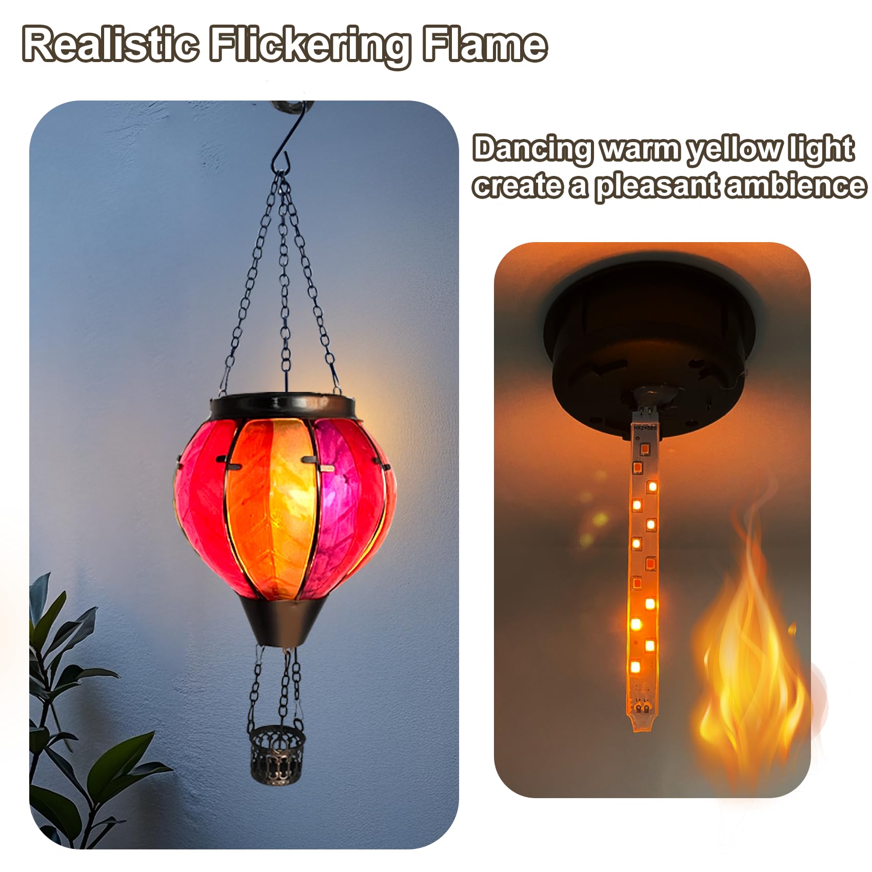 Twirleternity Hot Air Balloon Solar Lanterns - 2PCS Waterproof Outdoor Hanging Lights, Metal Hook, Flickering Flame, Rainbow Color