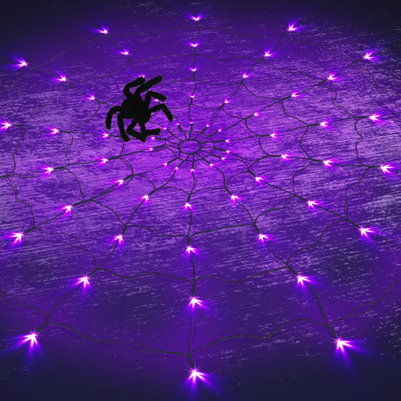 Sunmile Halloween Decorations Outdoorspider Web Lights - 4Ft Diameter 90Led With Black Spider, Waterproof Net Lights, Remote Con