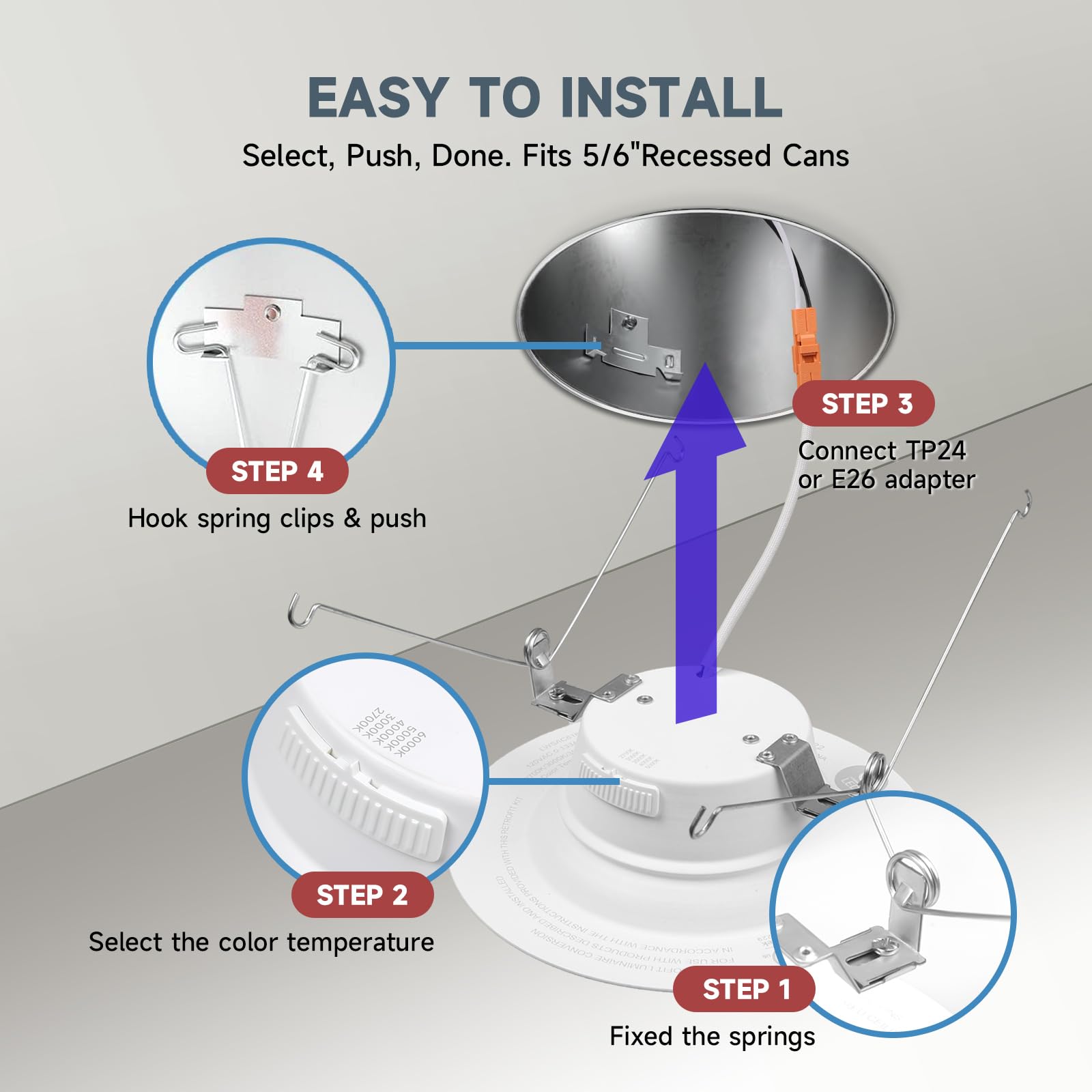 Ecoeler 5/6 Inch 5Cct Retrofit Led Recessed Lighting, Dimmable Can Lights, Damp Rated, 16.5W 1200Lm Can Lights With Smooth Aluminum Trim, 2700K/3000K/4000K/5000K/6000K Selectable, Etl & Fcc Listed