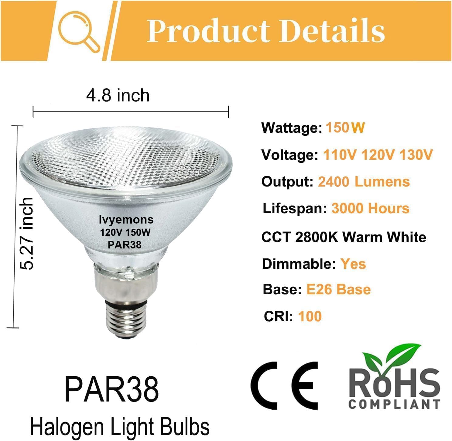 Ivyemons Par38 Flood Light Bulbs - 4 Pack 150W Par38 Halogen Bulb 120V E26 Base, Par 38 Bulb Dimmable 2800K Warm White For Indoo