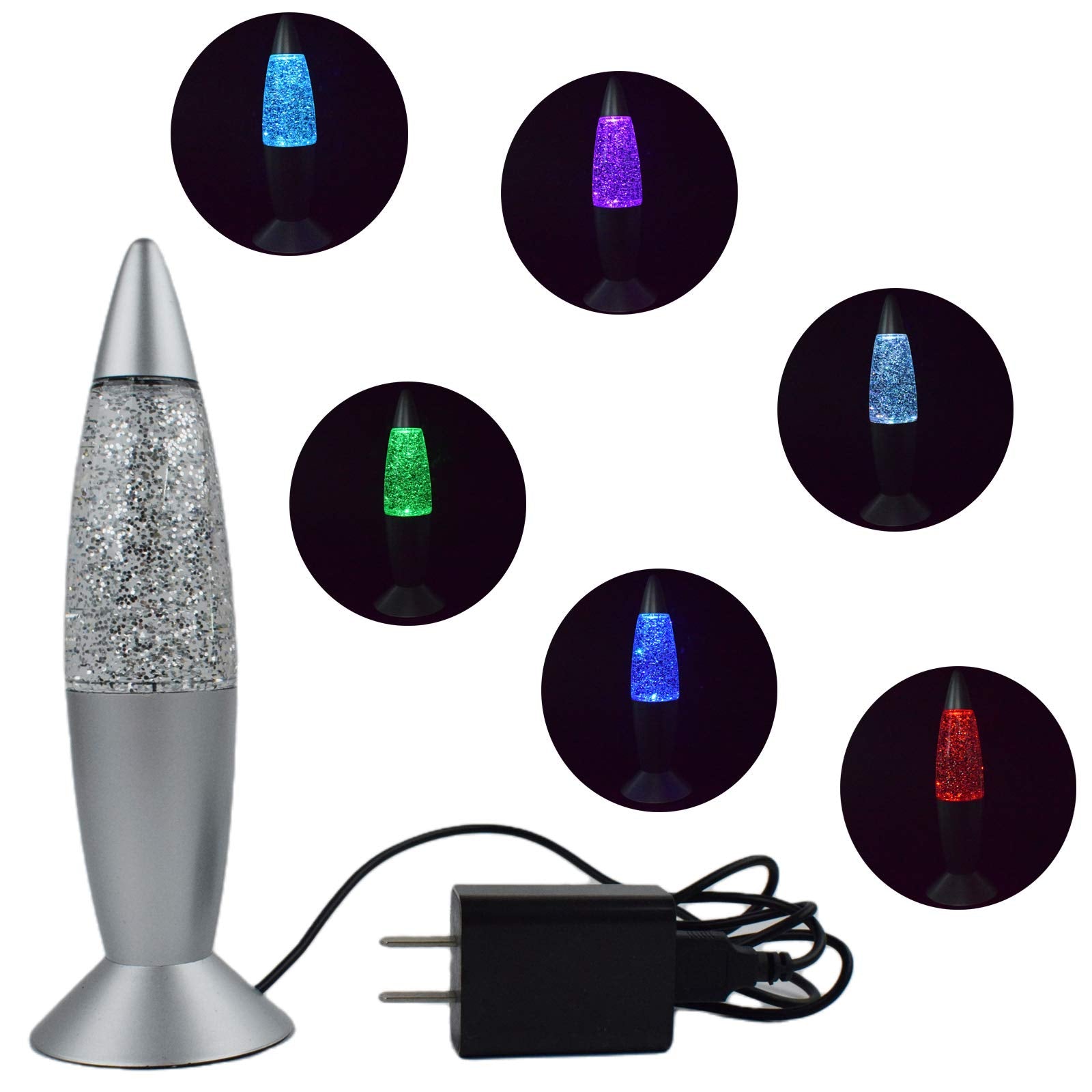 Cdycam Glitter Lava Lamp LED Mini Night Light, 7.28in  Silver Glass with USB Charging Plug, Color Changing for Kids and mature-themeds