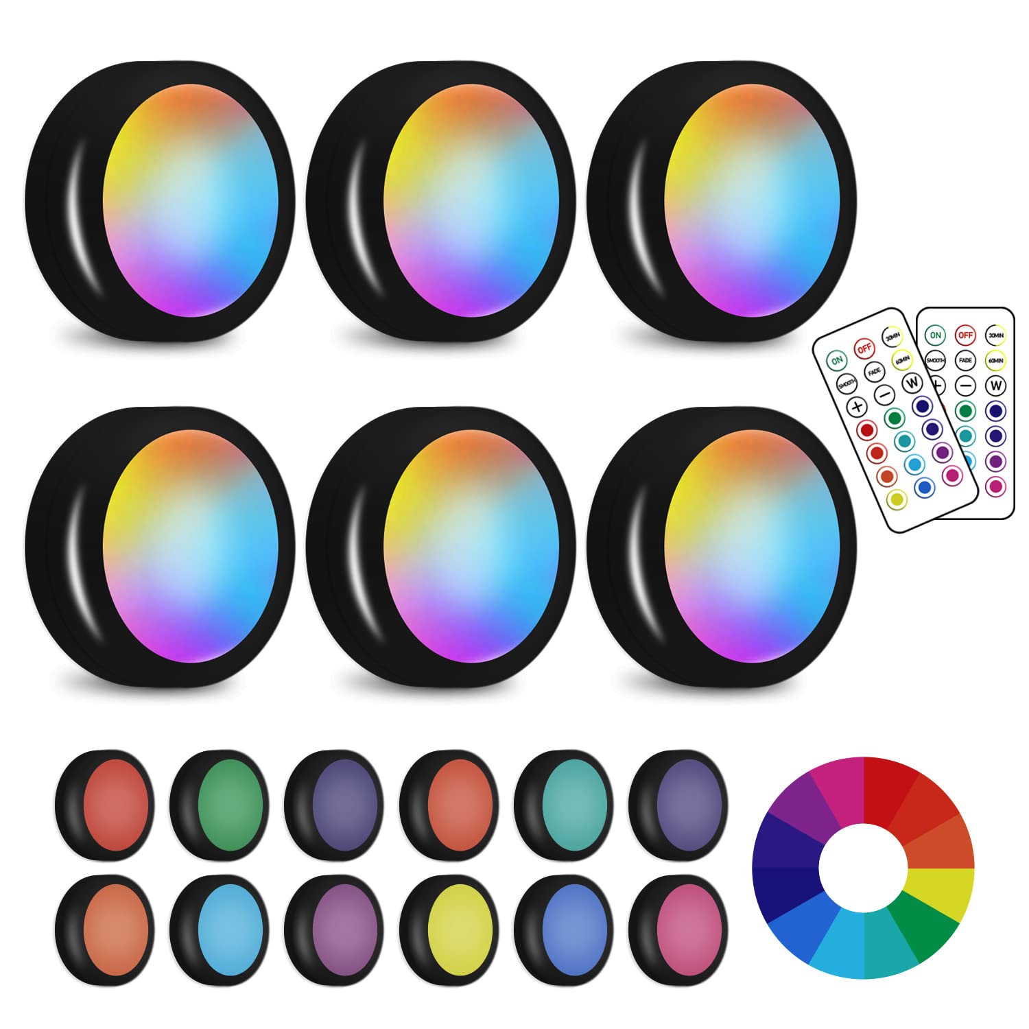 SIXDEFLY LED Puck Lights with Wireless Remote, 13 Colors RGB Dimmable Under Cabinet, Battery Powered Color Changing, Party Atmos