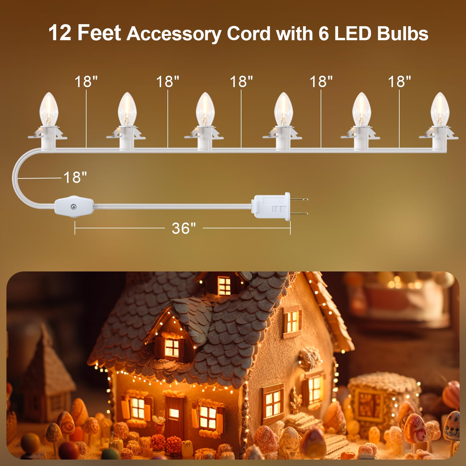 Suraielec 12Ft C7 Light Cord With 6 Led Bulbs For Christmas Village & Holiday Decor, Ul Listed