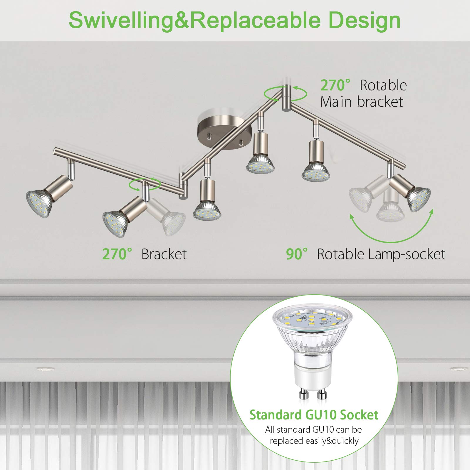 Unicozin LED Track Lighting Kit, 6 Light, Matt Nickel, 6 x 4W GU10 Bulbs, Modern Design, Model 516k5fhTcwL