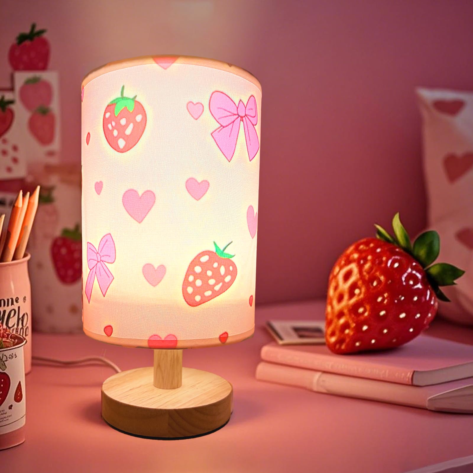 Strawberry Lamp, Strawberry Room Decor for Girls,3 Color Changing LED Night Light with 9 Brightness Levels Wood Nightstand Desk 