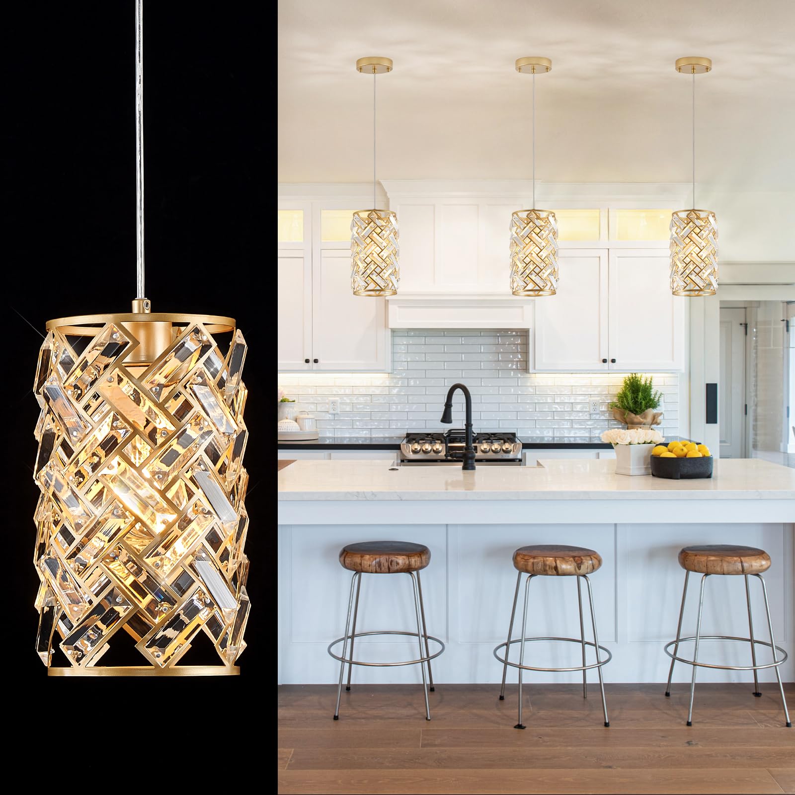 CATINER Modern Crystal Pendant Light Fixture 3-Pack Gold Finish Hanging Lighting Crystal Chandelier for Kitchen Island