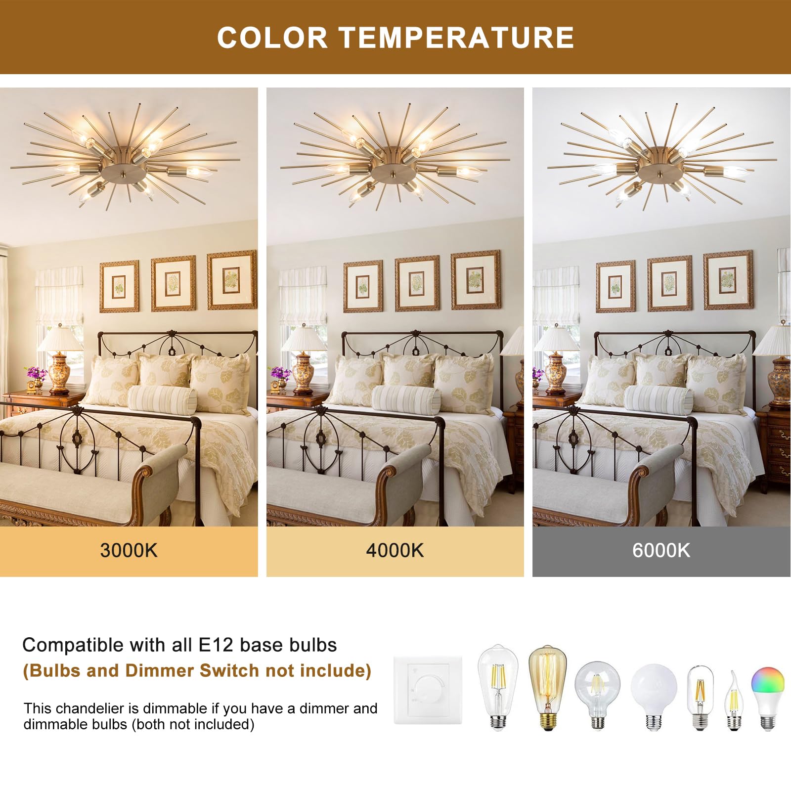 Jaycomey 6-Lights Sputnik Ceiling Light Fixture, Gold Modern Chandelier for Dining Room, Bedroom, Hallway, E12, Model OY8043-6G