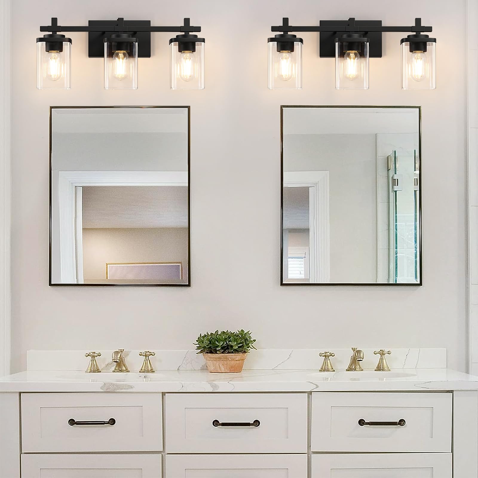 Spiglamm 3-Lights Bathroom Vanity Light Fixtures, Modern Black Vanity Lights Over Mirror With Clear Glass Shade For Bathroom, Wa