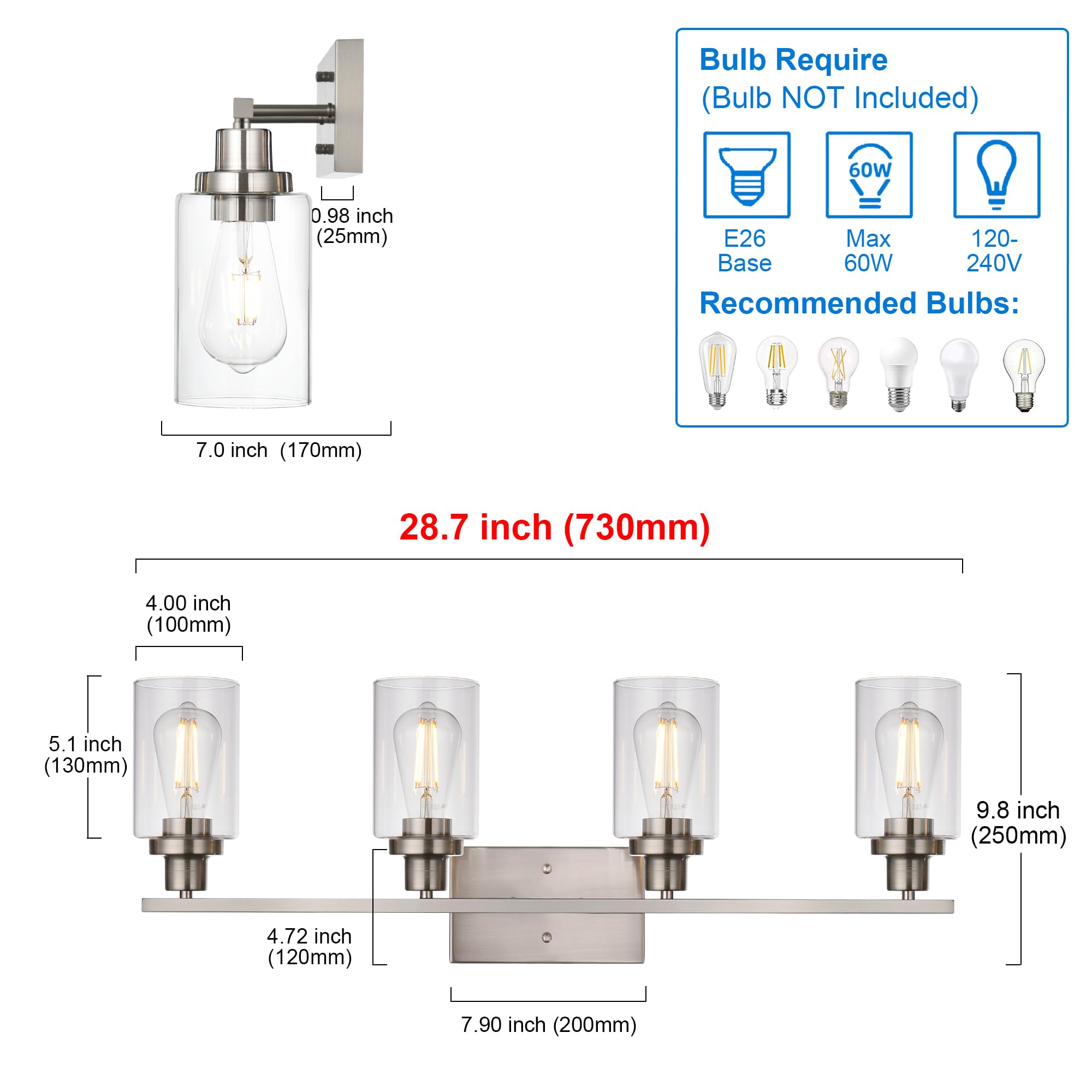 MELUCEE Bathroom Light Fixtures 4-Light Brushed Nickel Vanity Lights with Clear Glass Shade Model 450-4W-SN