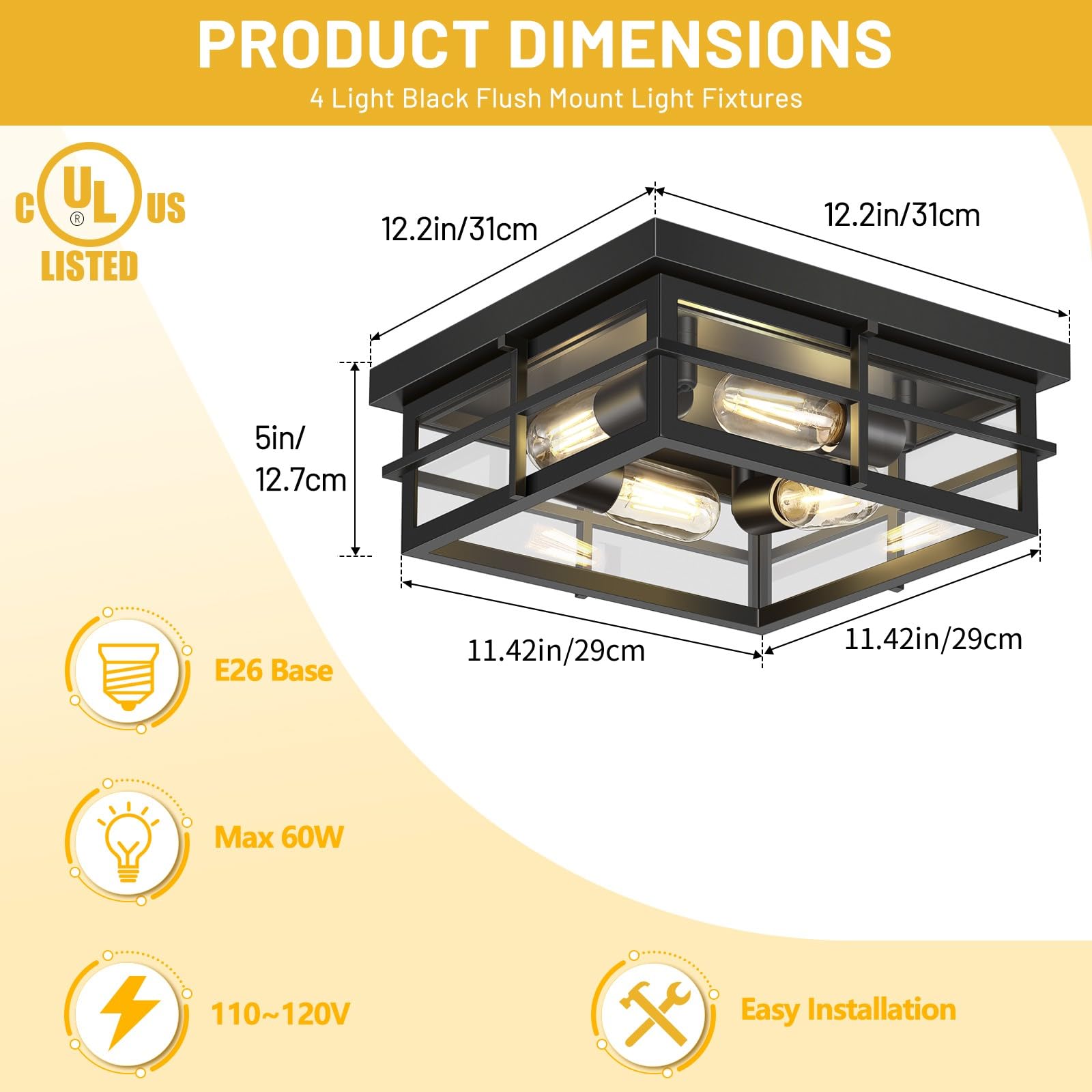 Asnxcju Black Flush Mount Ceiling Light, 4-Light Indoor Outdoor Light Fixtures For Porch With Clear Glass, 12 Inch Modern Close