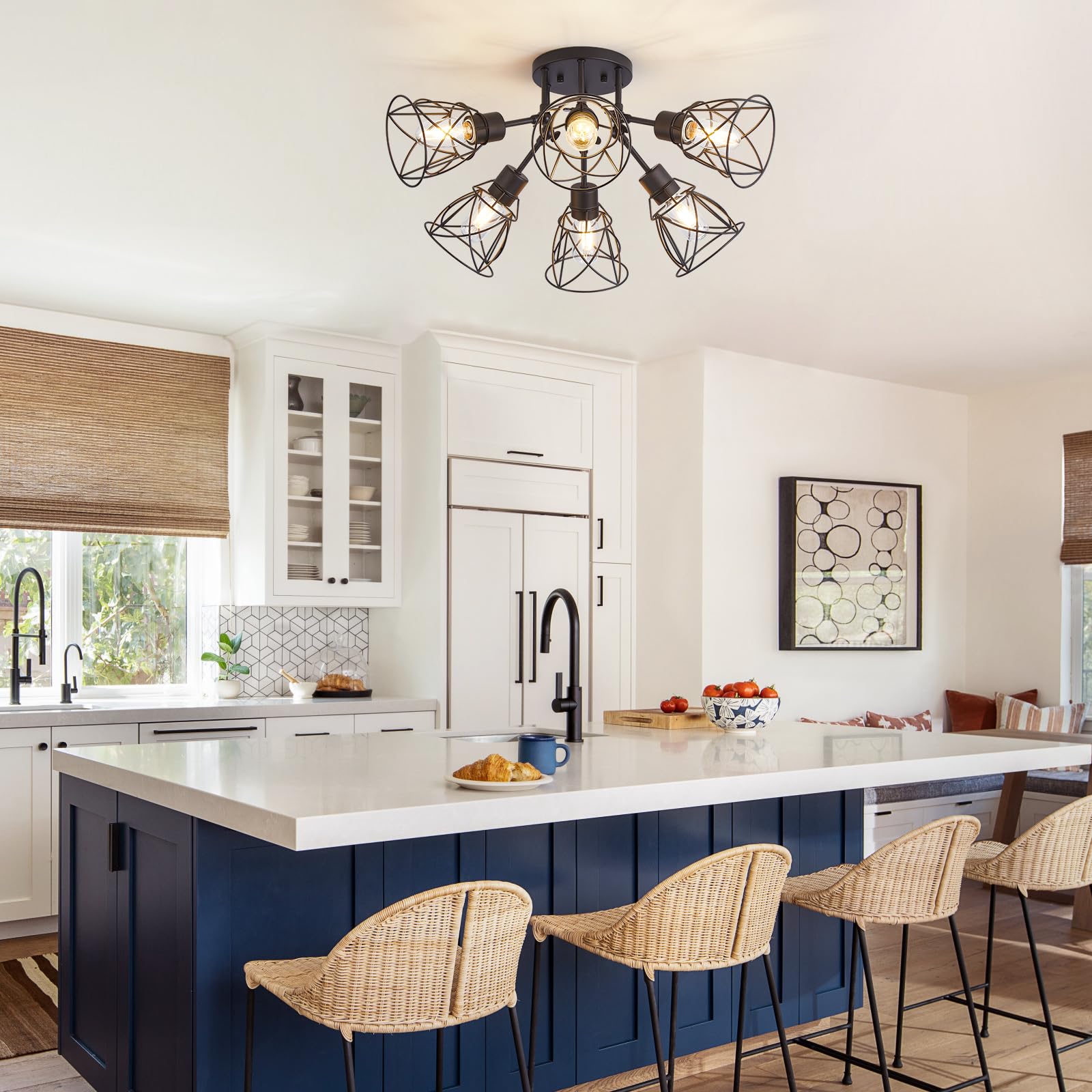 Hdasic 6-Light Semi Flush Mount Ceiling Light, Industrial Large Matte Black Kitchen Lighting Fixtures Ceiling With Metal Cage Sh