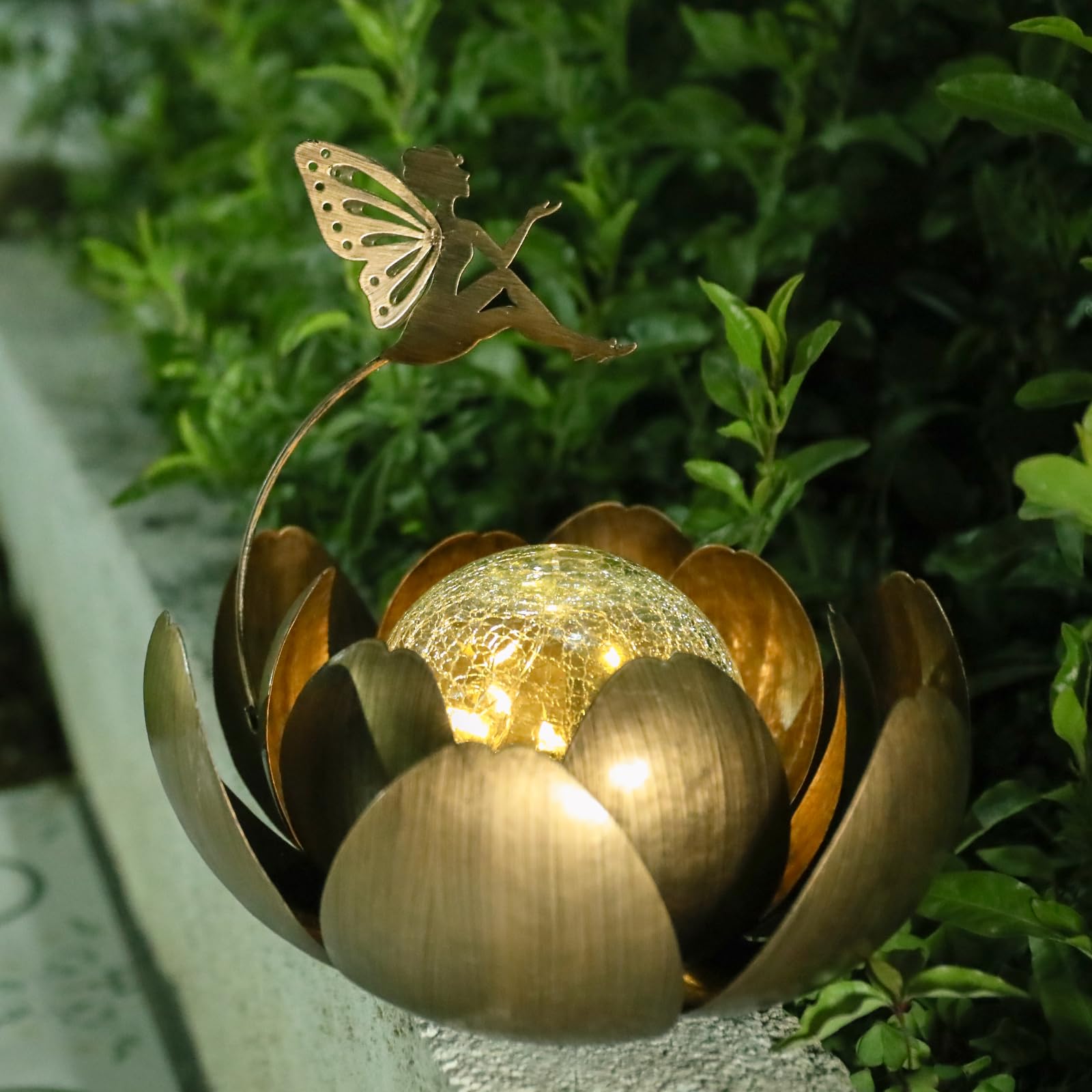 MUMTOP Fairy Garden Solar Lights - Waterproof Glass Lotus Lantern, Brown, Tabletop Decor for Patio, Pathway, Yard, and Garden