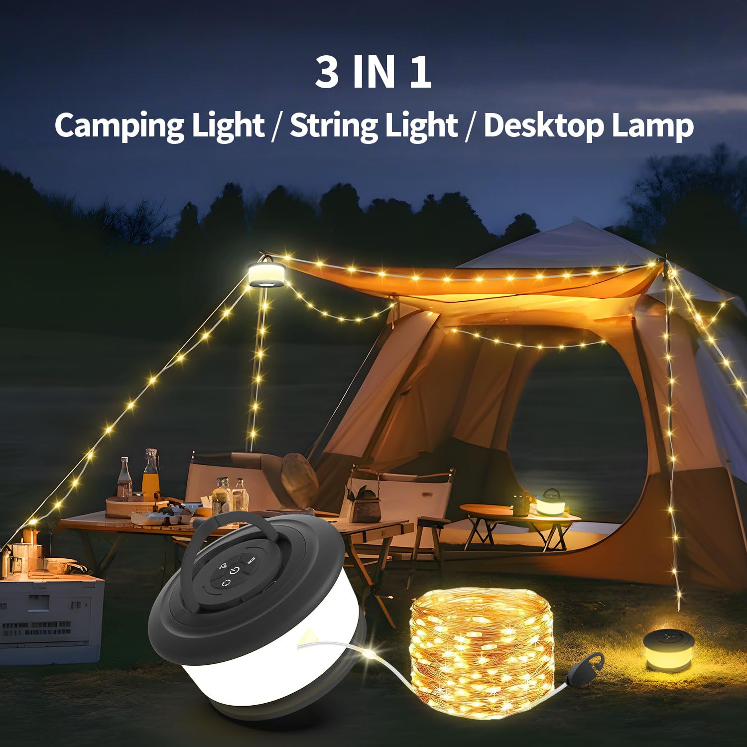Zocelight 2pcs Camping String Lights, 32.8FT Rechargeable LED Lamp, 19 Lighting Modes, Black, Model L26-Black-2pcs