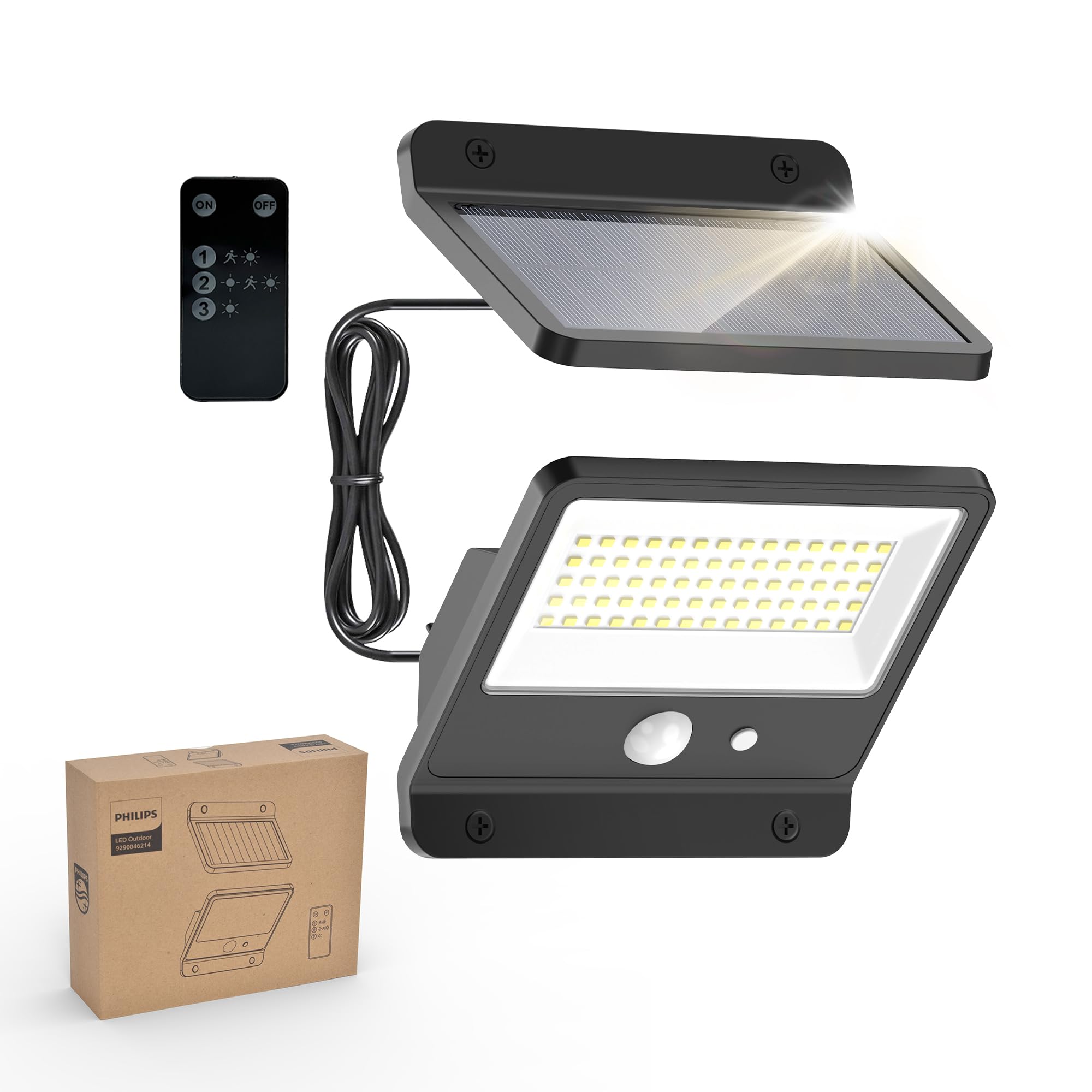 Philips Solar Security Light Outdoor Led Light 6500K, Solar-Powered Flood Light W/Pir Motion Sensor, Remote Control W/16Ft Cable