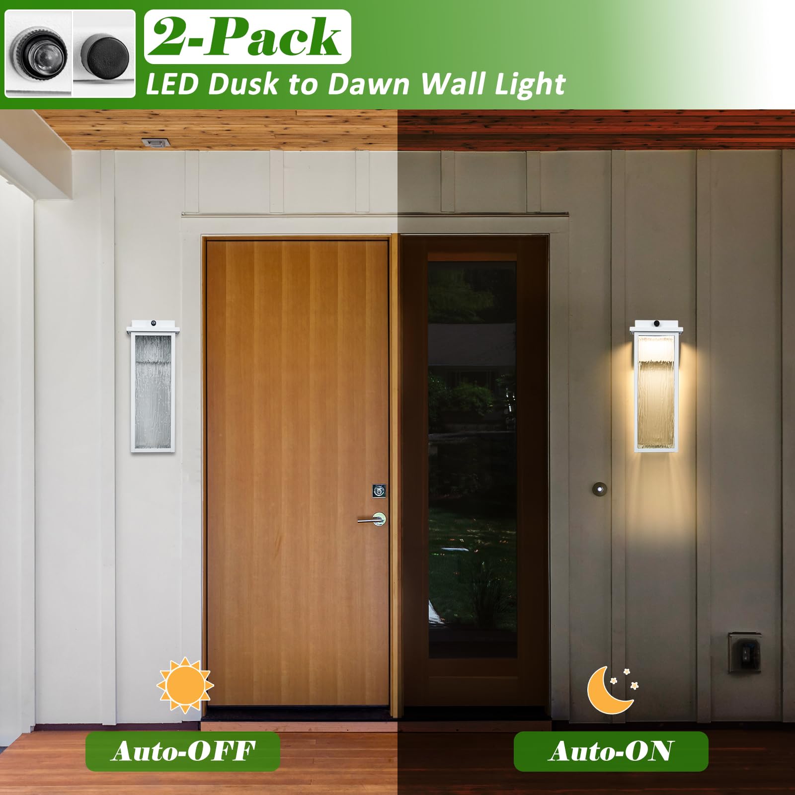 VenzBlomia White LED Dusk to Dawn Outdoor Wall Lanterns, 16 Farmhouse Sconce Light, Waterproof Industrial Design, 2 Pack