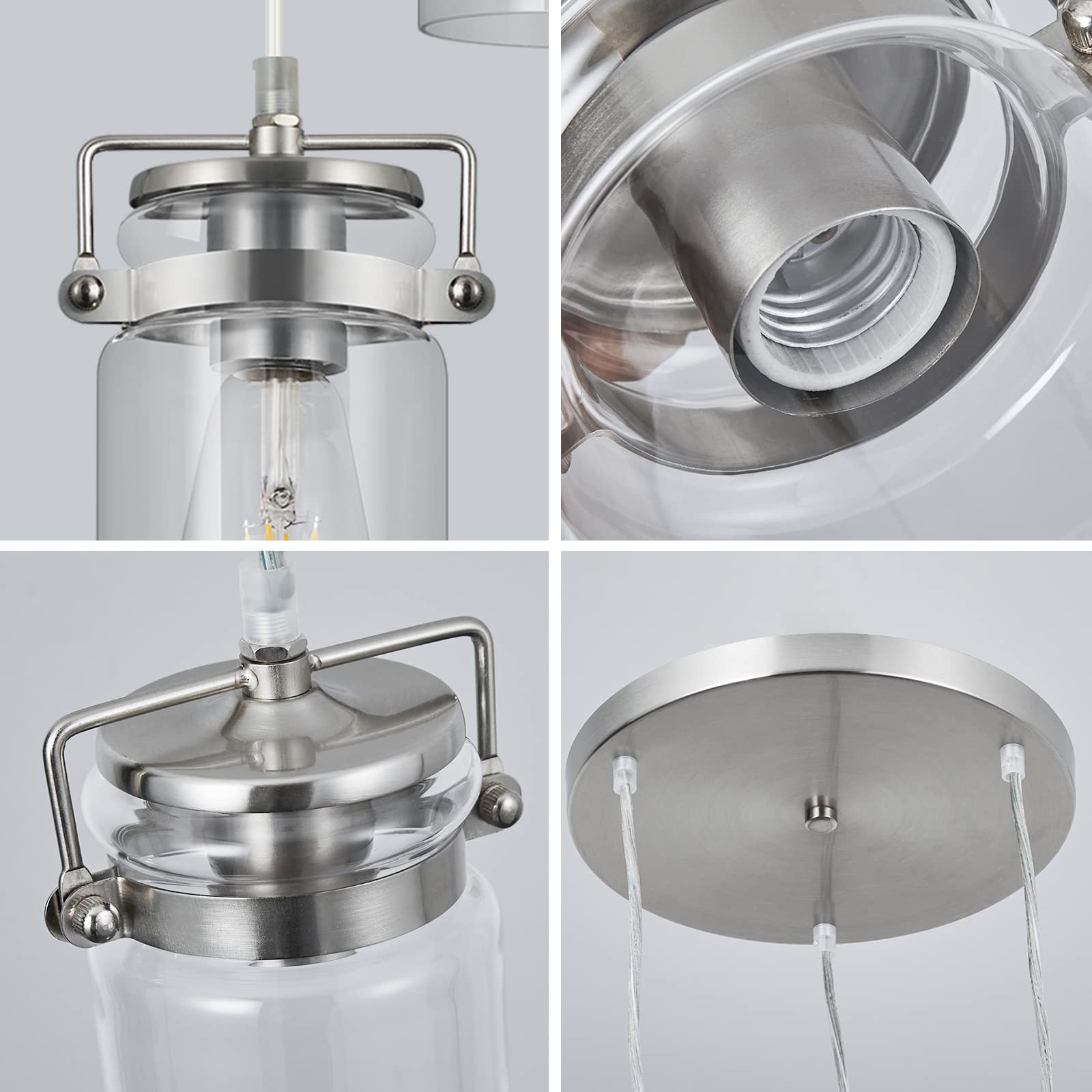 Pendant Lighting For Kitchen Island  Modern Glass Pendant Light Linear Chandelier For Dining Room Industrial 3 Light Hanging Light Fixture Adjustable Cord Farmhouse Ceiling Light Brushed Nickel Finish