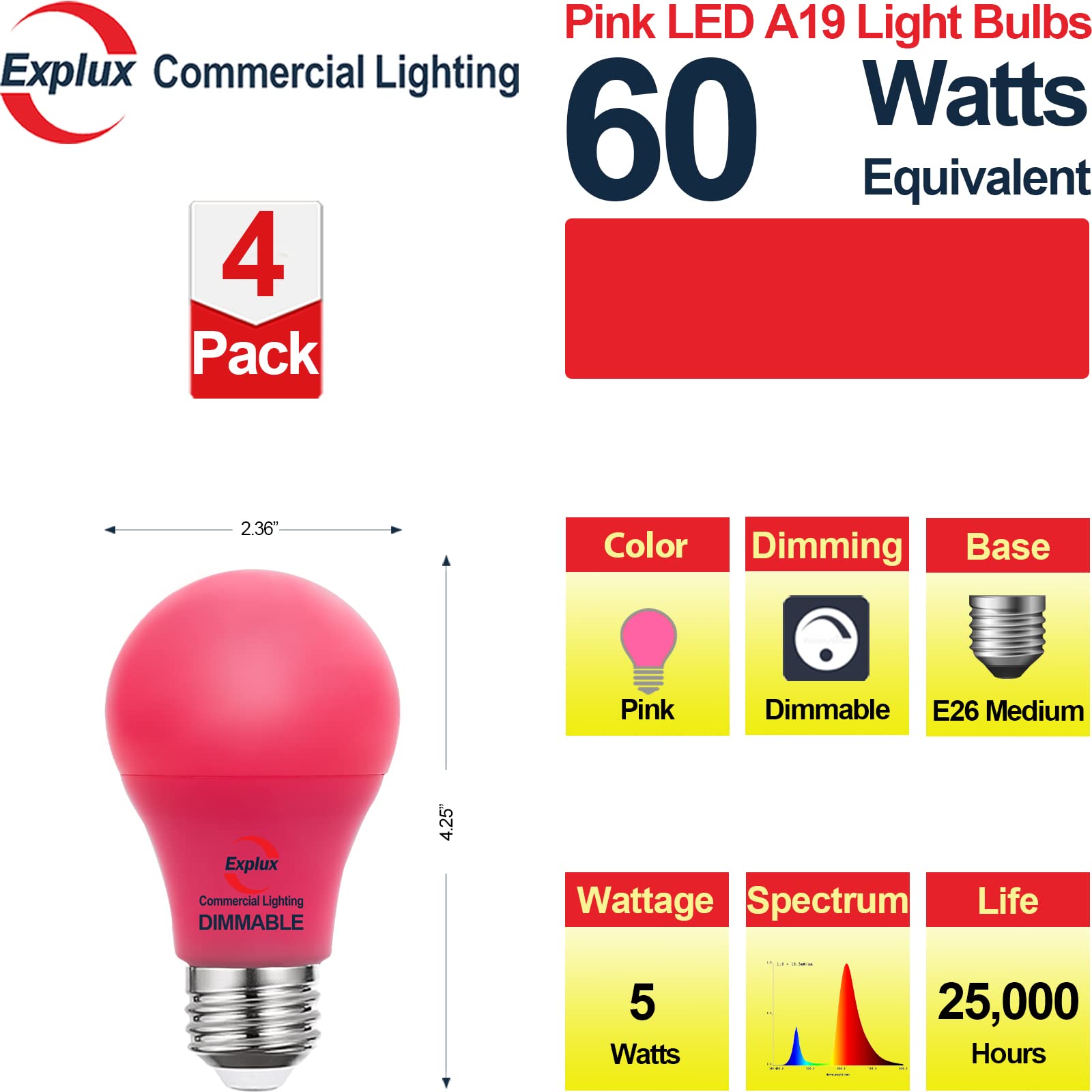 Explux Commercial Lighting Dimmable Led A19 Pink Light Bulbs, 60W Equivalent, Direct Led Color Emission, 25000 Hours, 4-Pack