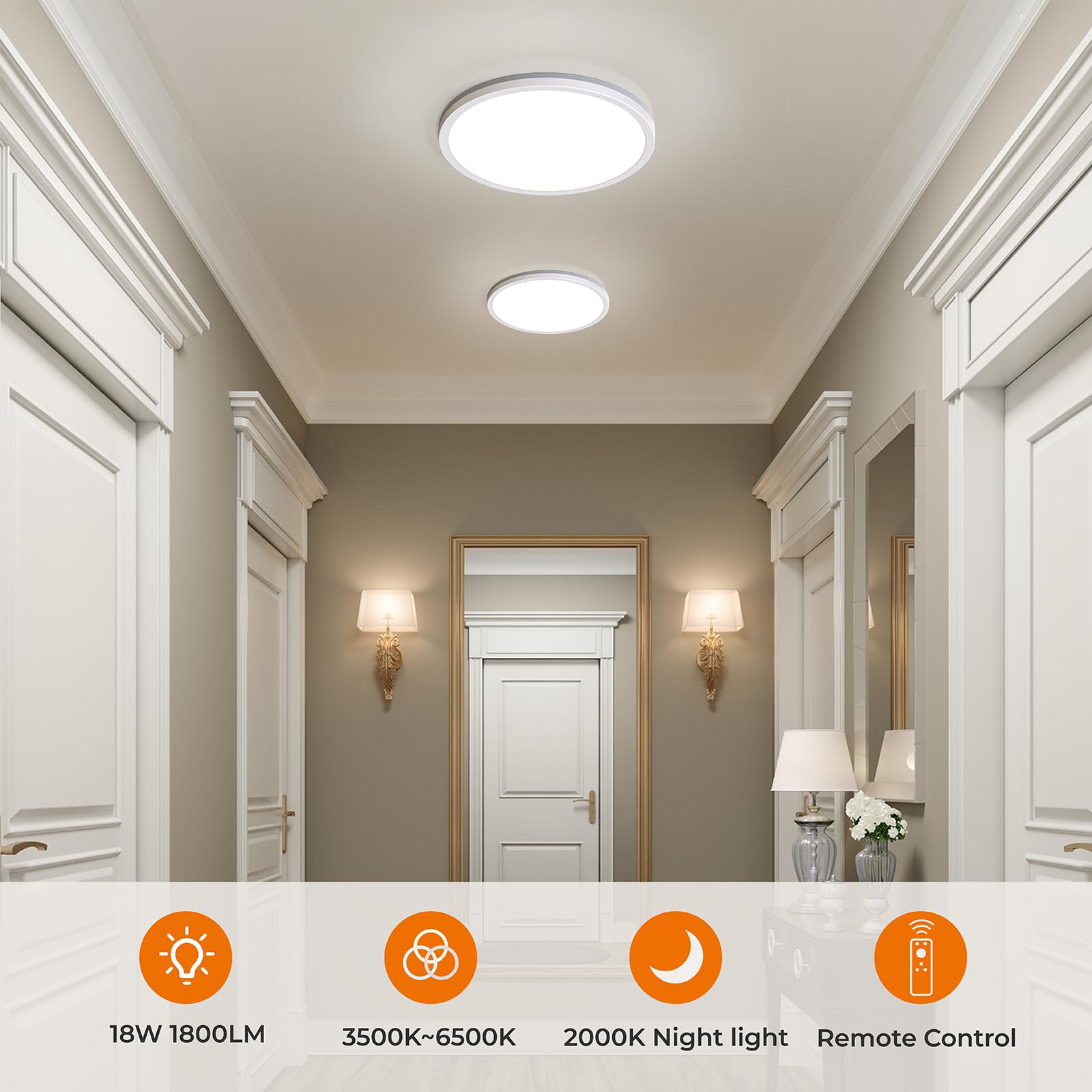Matane Flush Mount Ceiling Light, LED 18W, Adjustable 3000K-6500K, 8.7in, White, Model LS-CL-G4-18W-Dim